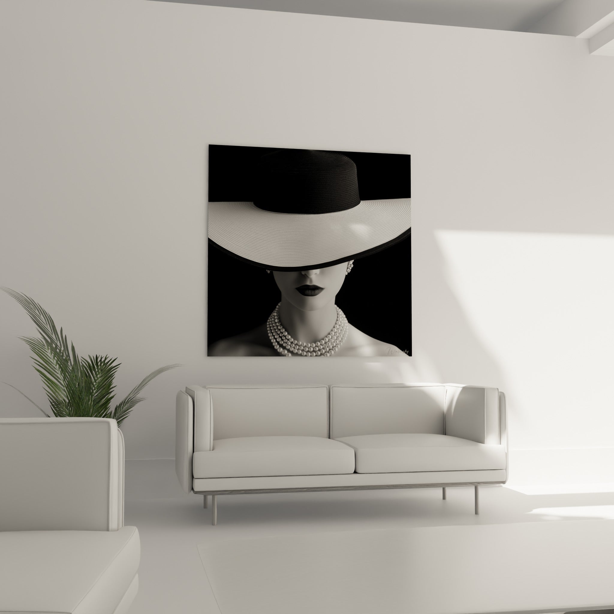 Portrait élégant en noir et blanc, chapeau anthracite et perles, au-dessus d'un canapé dans un salon lumineux