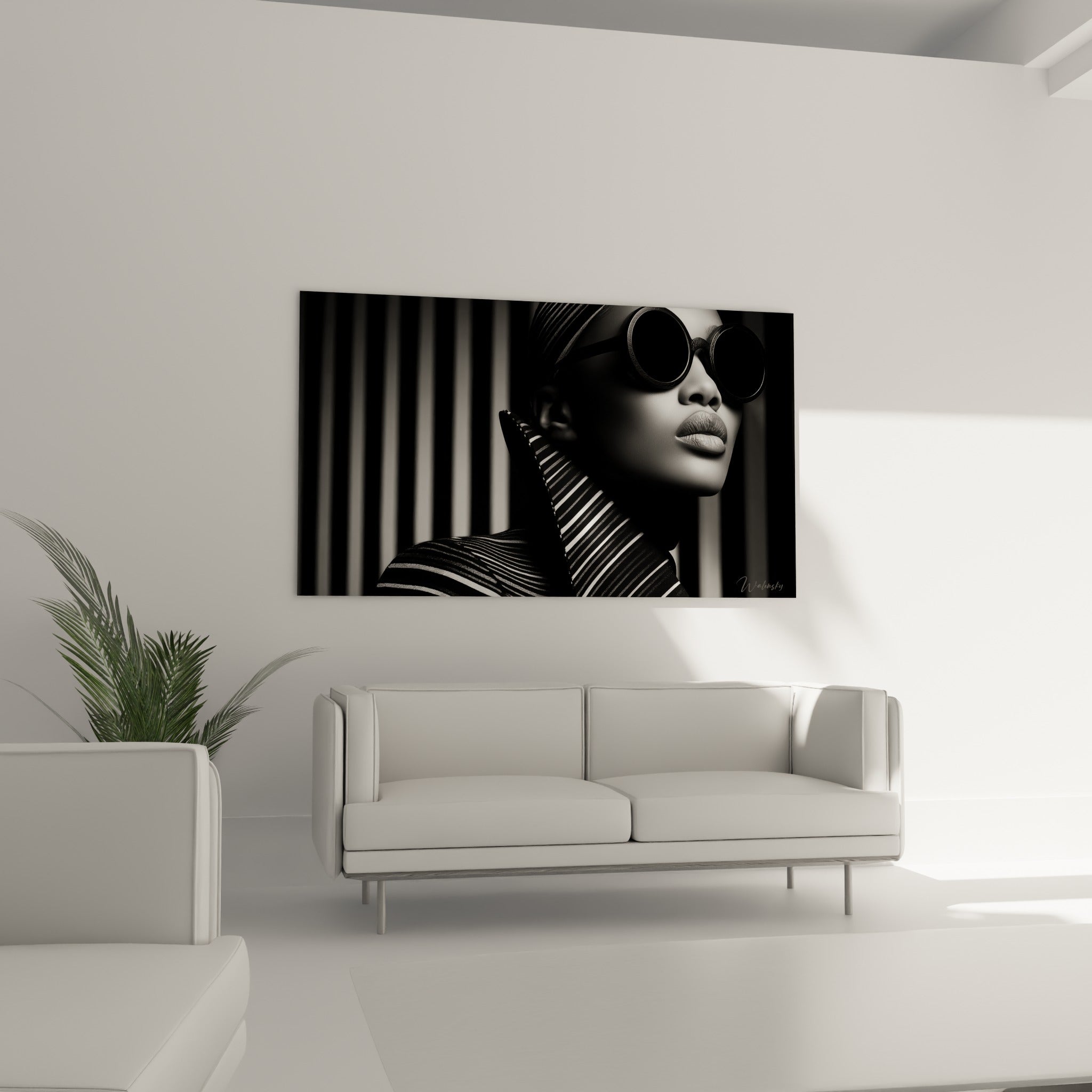 Profil élégant en tons gris et noirs, tableau visage noir et blanc au-dessus d'un canapé dans un salon lumineux