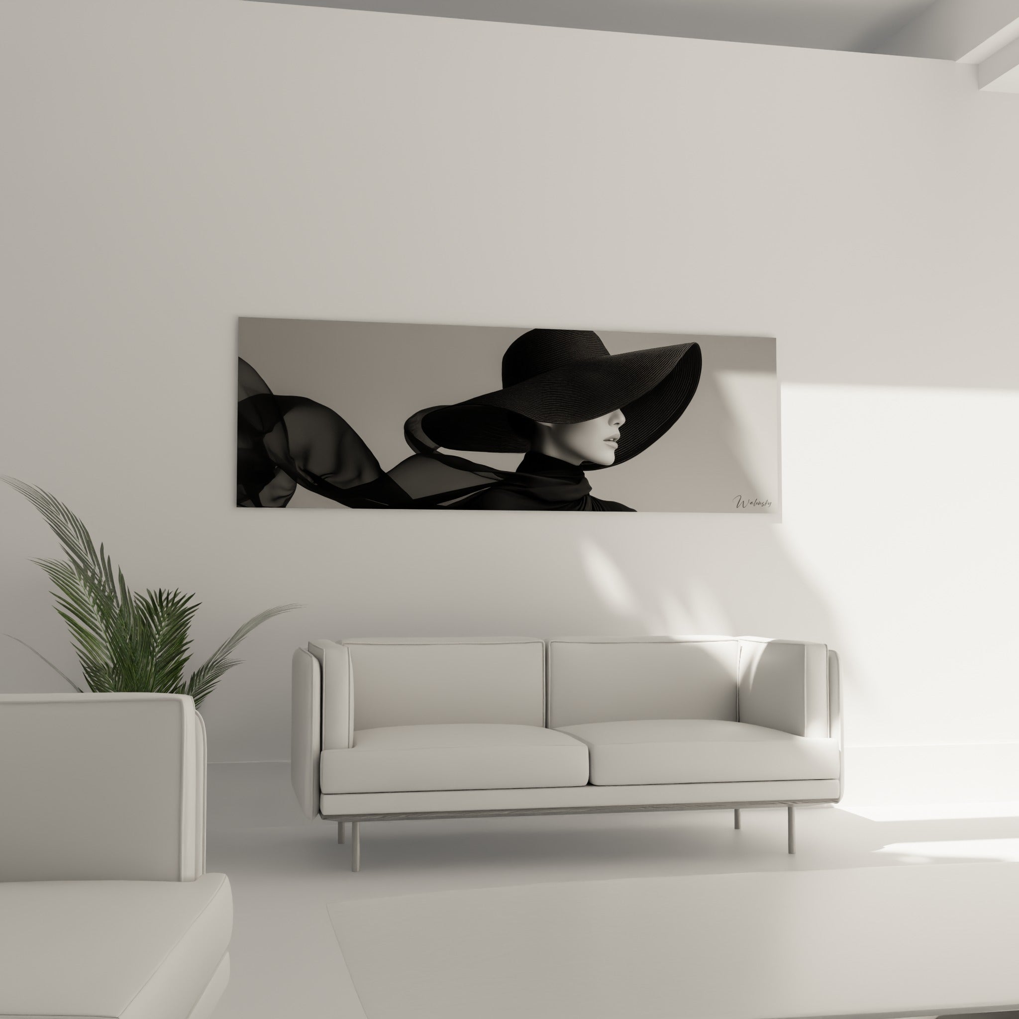 Portrait élégant au chapeau noir profond et arrière-plan gris clair, au-dessus d'un canapé dans un salon lumineux