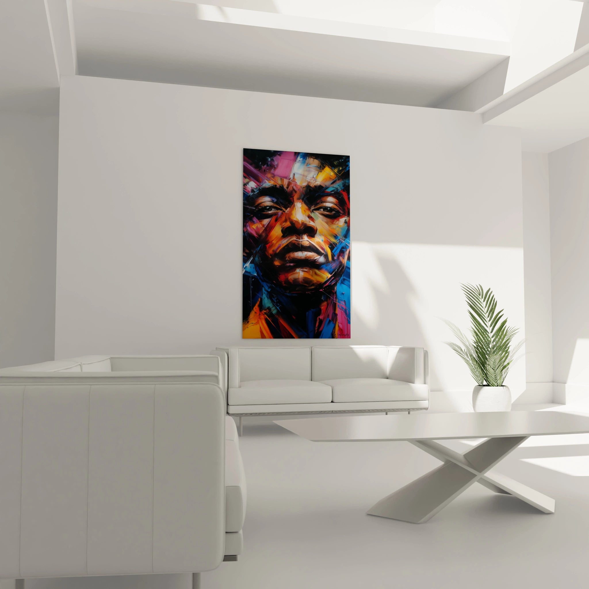 Tableau visage africain moderne de Walensky exposé dans un salon contemporain avec des meubles blancs