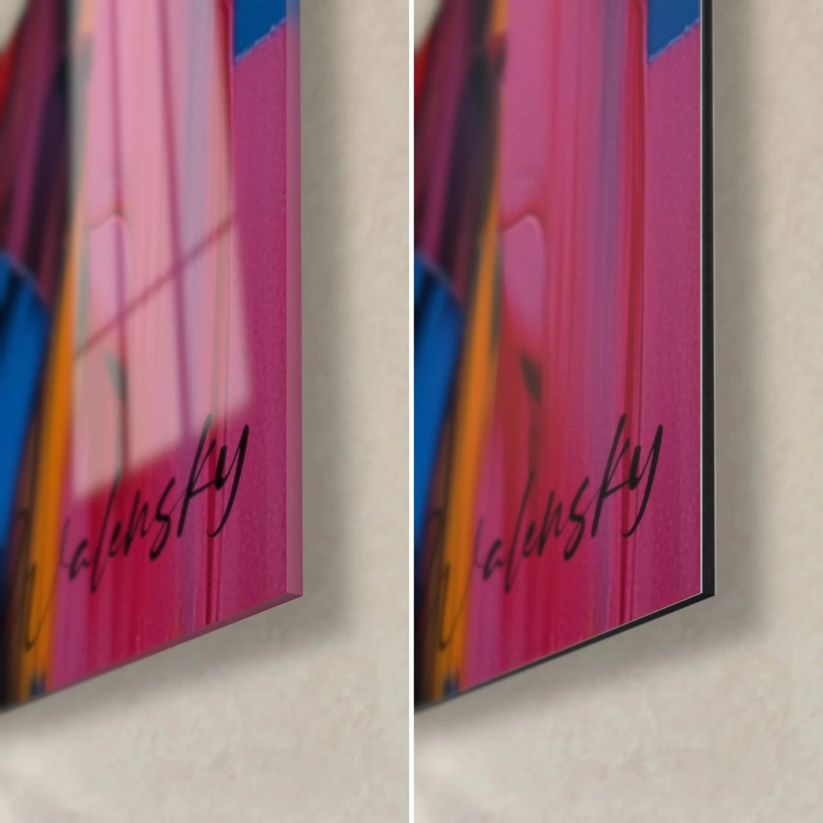 Tableau visage en empâtements rose fuchsia et bleu, signature Walensky, coin bas droit : verre brillant à gauche, Dibond mat à droite