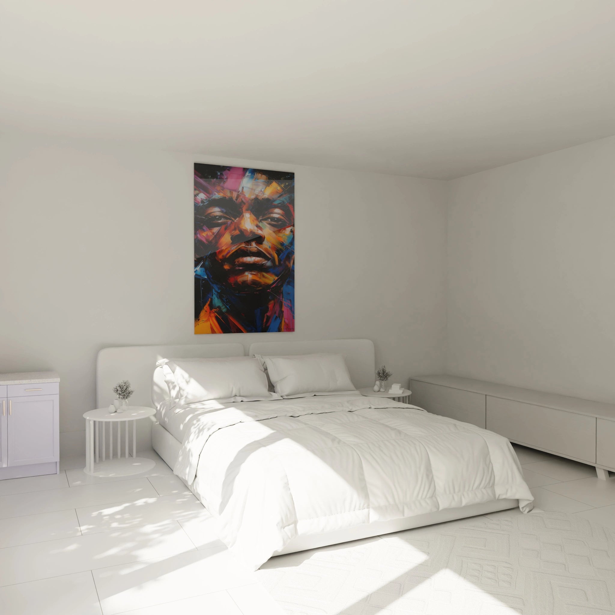Tableau visage africain moderne de Walensky dans une chambre lumineuse avec lit blanc