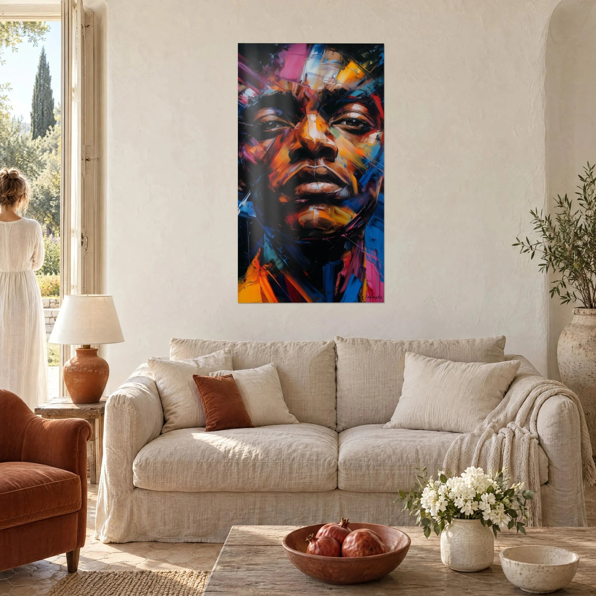 Tableau portrait africain aux coups de couteau orange et bleu, regard sombre, femme de dos, au-dessus d'un canapé dans un salon lumineux