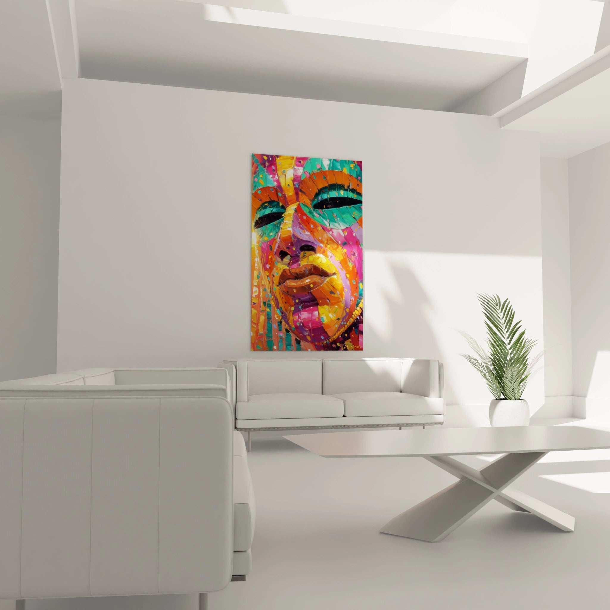 Tableau masque africain moderne de Walensky, couleur vibrante et style contemporain pour décoration intérieure