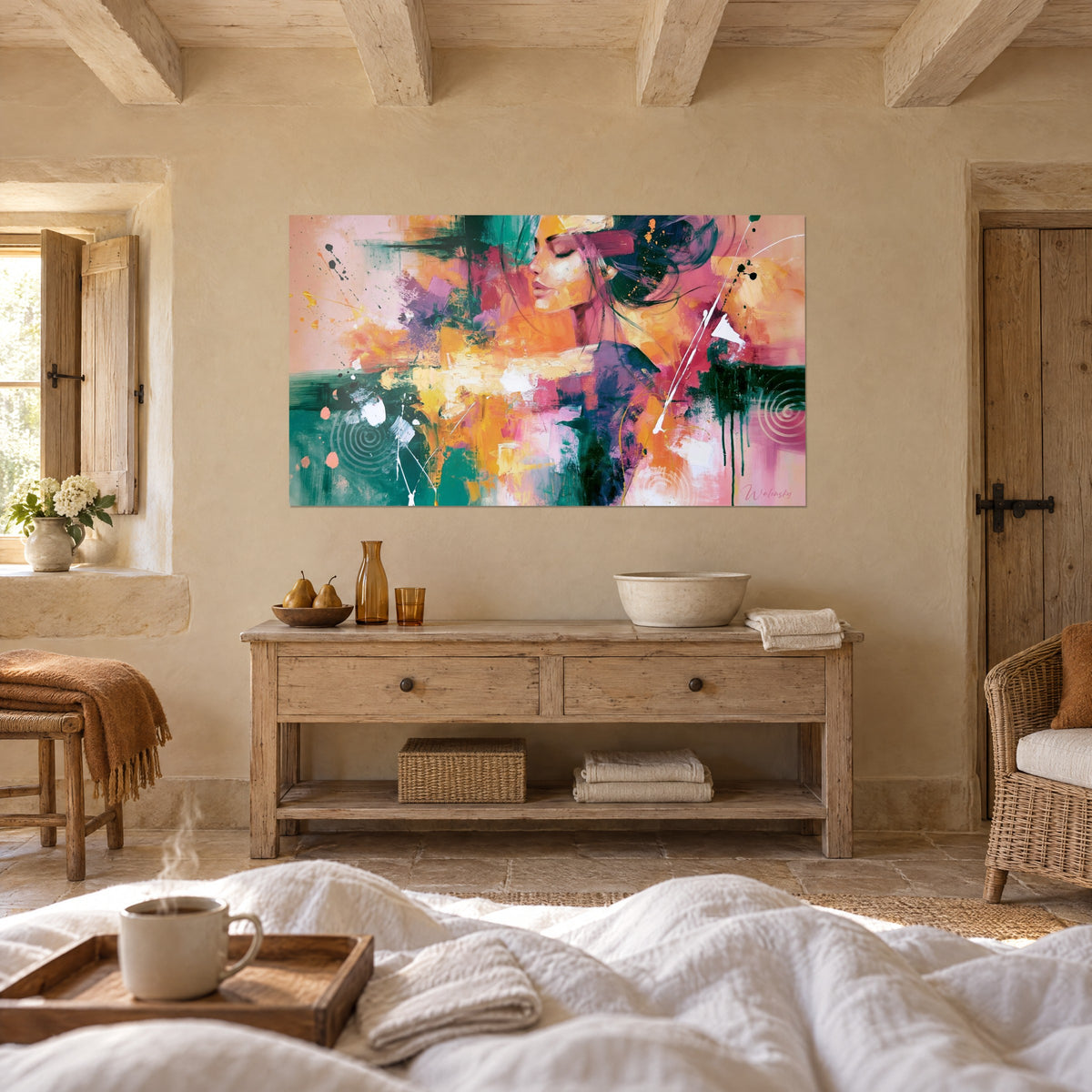 Wall art female profile with lowered lashes, white splashes on orange and green, above a bed in a bright bedroom