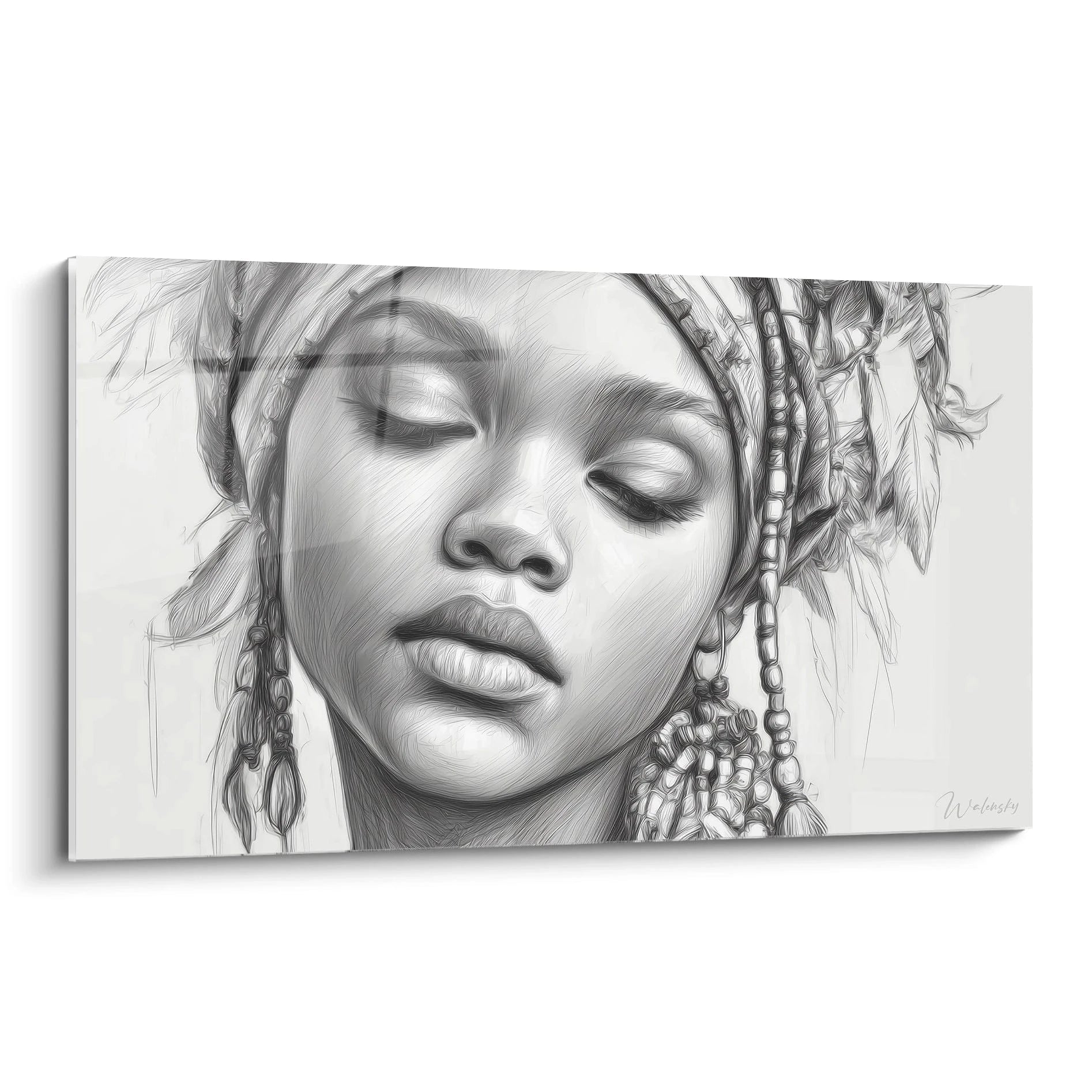 Tableau mural visage africain en noir et blanc avec des détails artistiques et des plumes décoratives