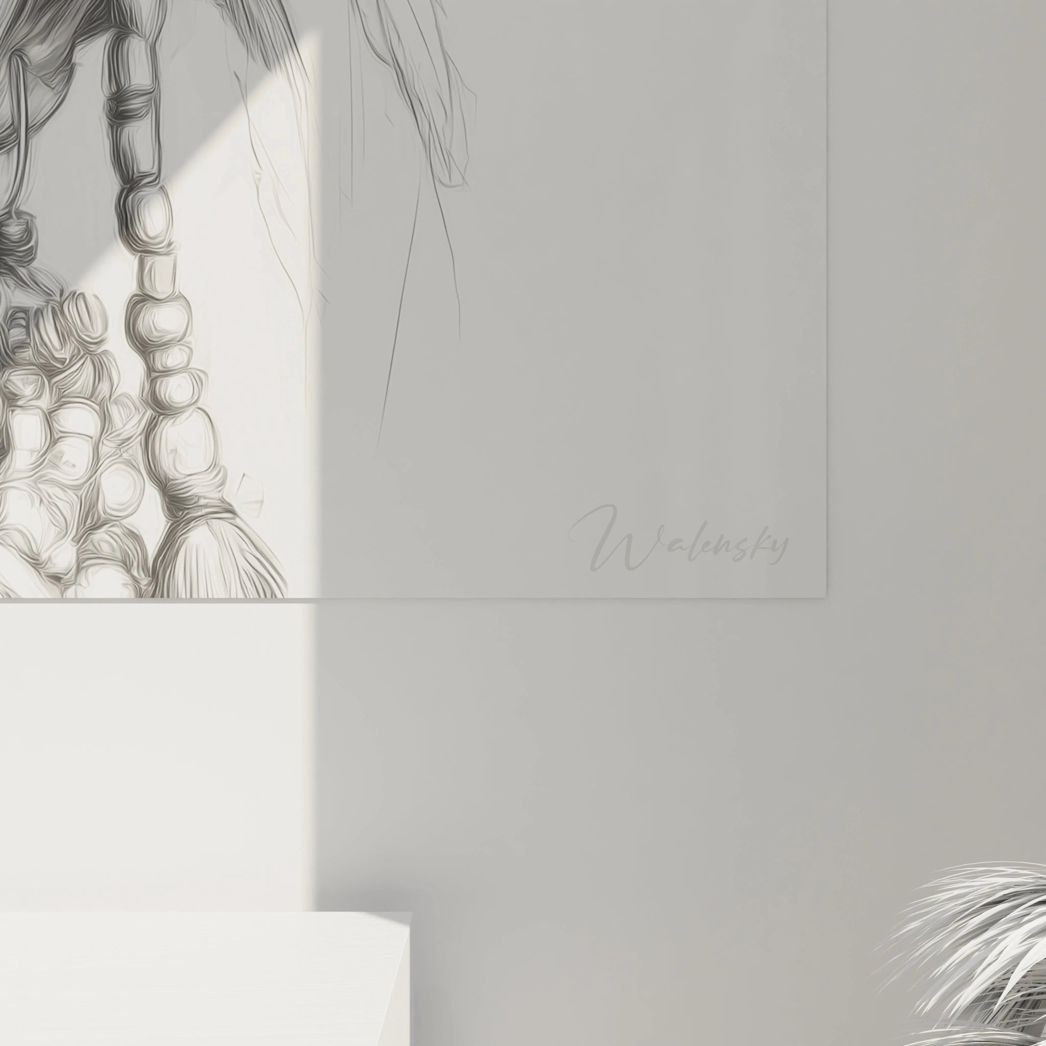 Tableau mural en noir et blanc représentant un visage africain avec des perles et des tresses, par Walensky