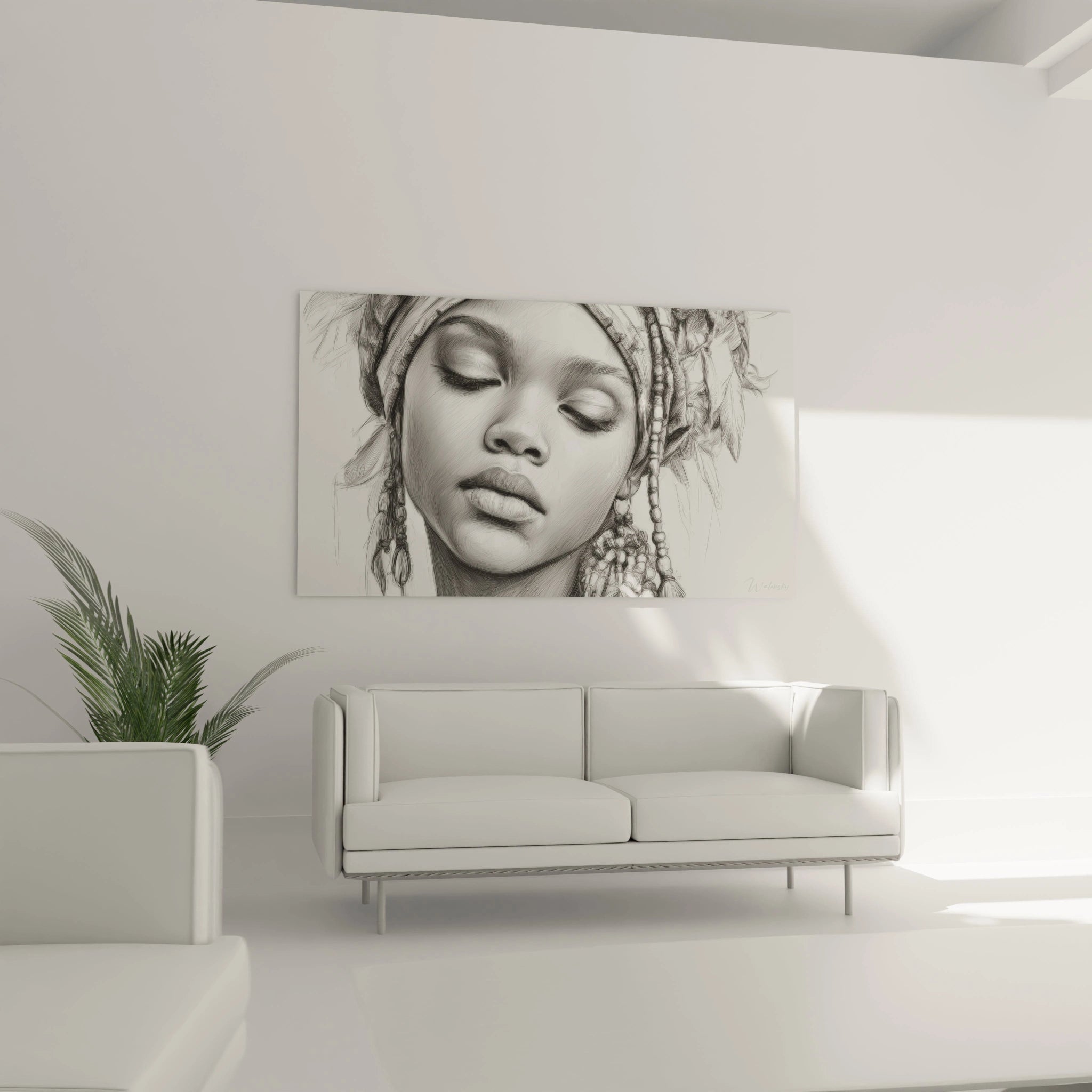 Tableau visage africain représentant une jeune fille avec une expression paisible dans un décor moderne