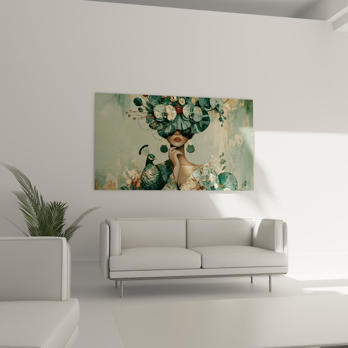 Femme au chapeau floral sarcelle et paon émeraude, présentée au-dessus d'un canapé dans un salon lumineux