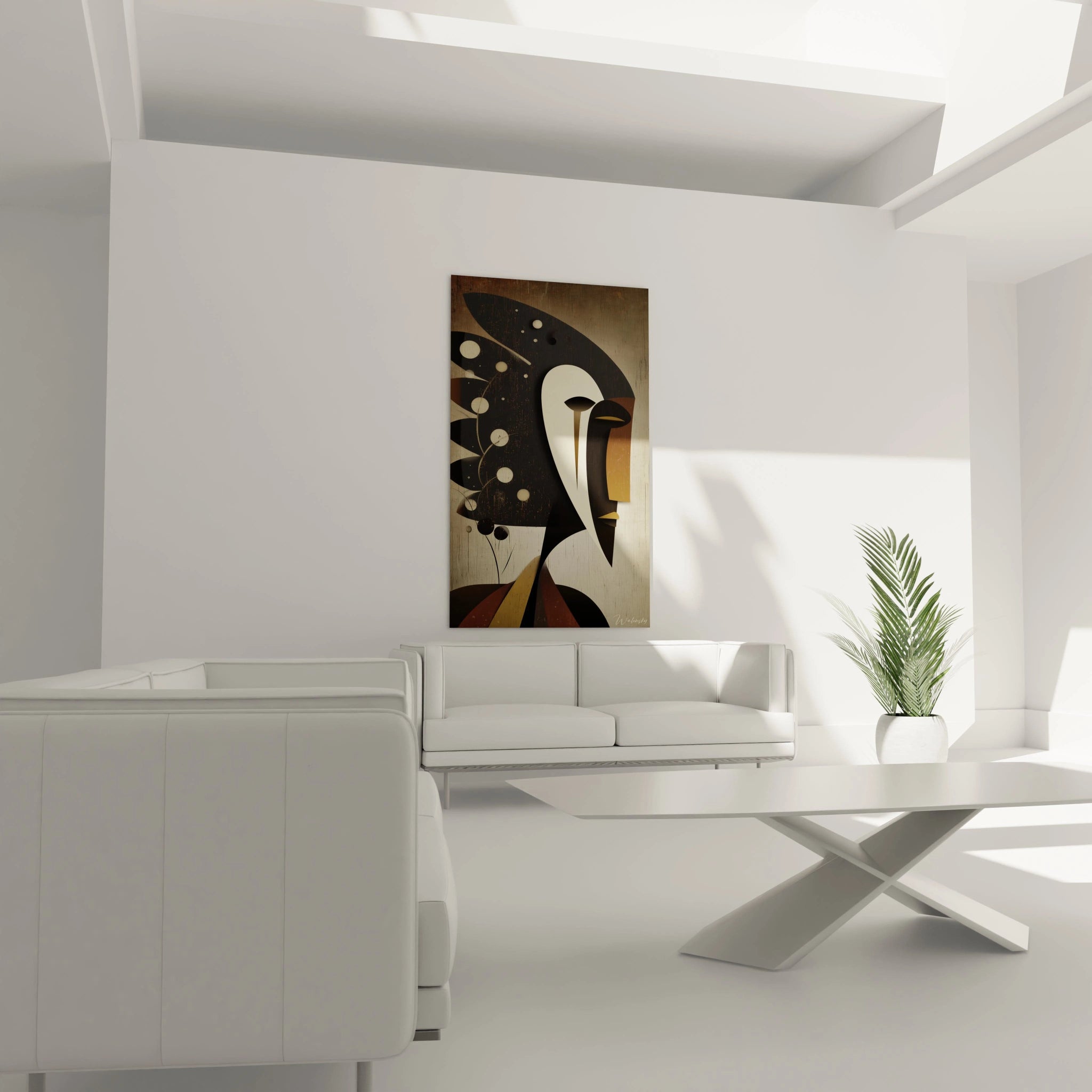 Tableau masque africain moderne de Walensky affiché dans un intérieur contemporain élégant