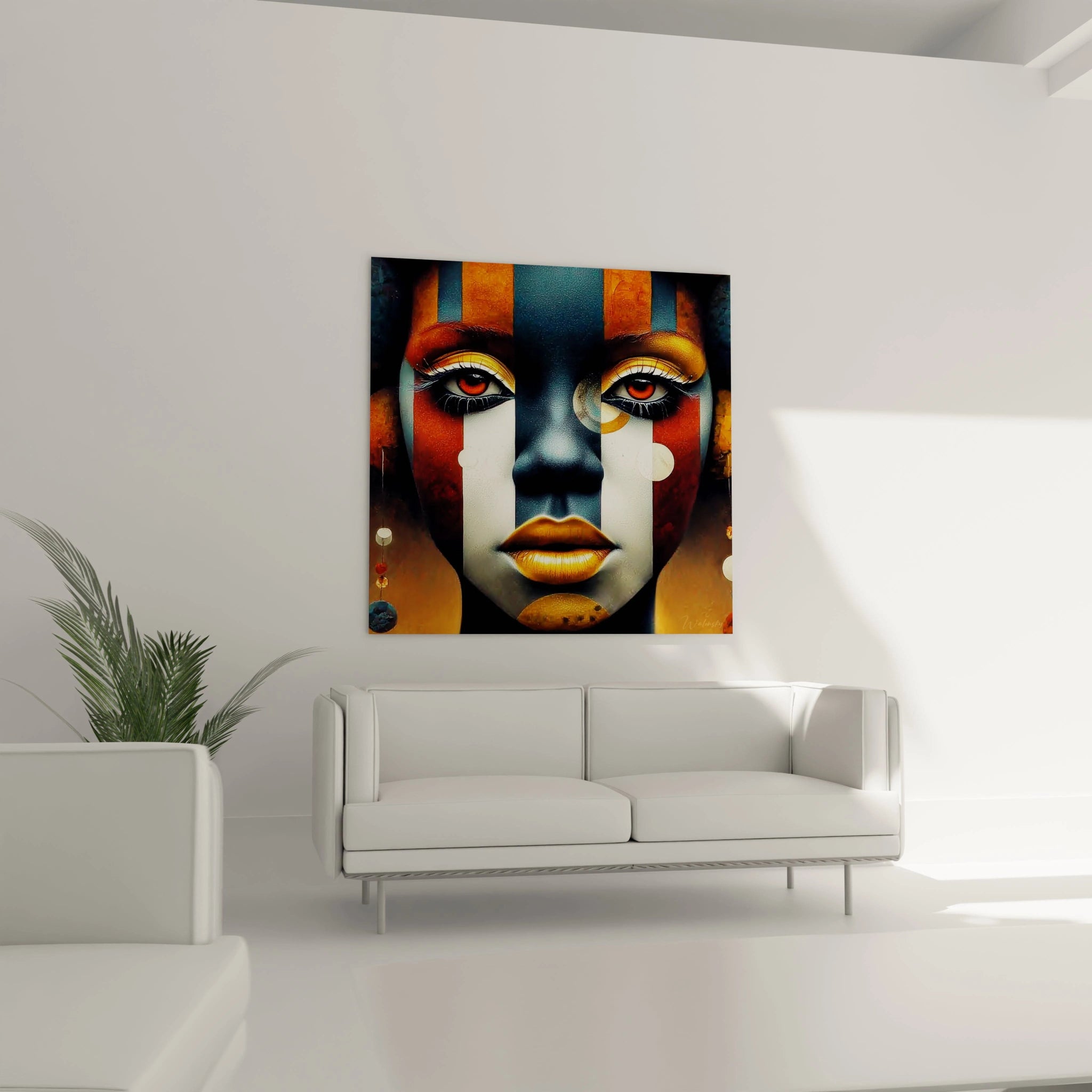 Tableau mural visage peint africain de Walensky avec des couleurs vibrantes dans un espace moderne