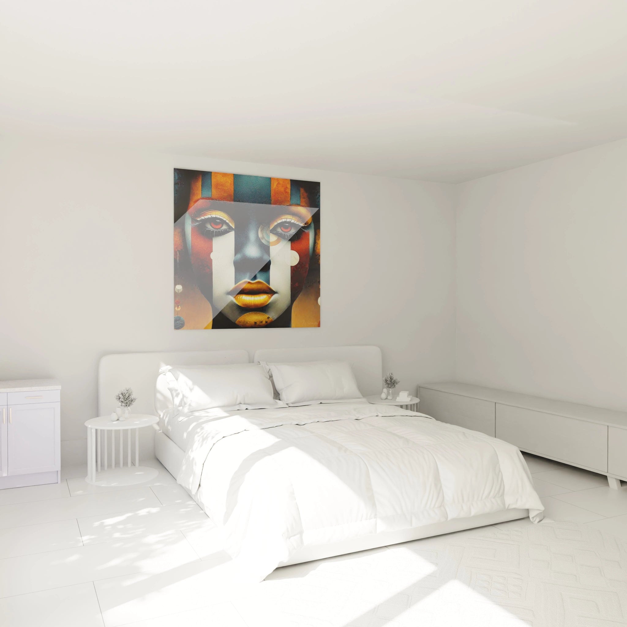 Tableau visage peint africain accroché au-dessus d'un lit dans une chambre lumineuse et moderne