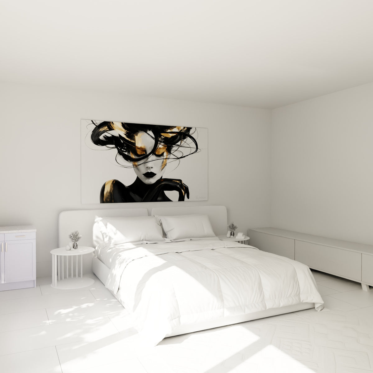 Portrait au voile noir et doré accroché au-dessus d'un lit dans une chambre claire