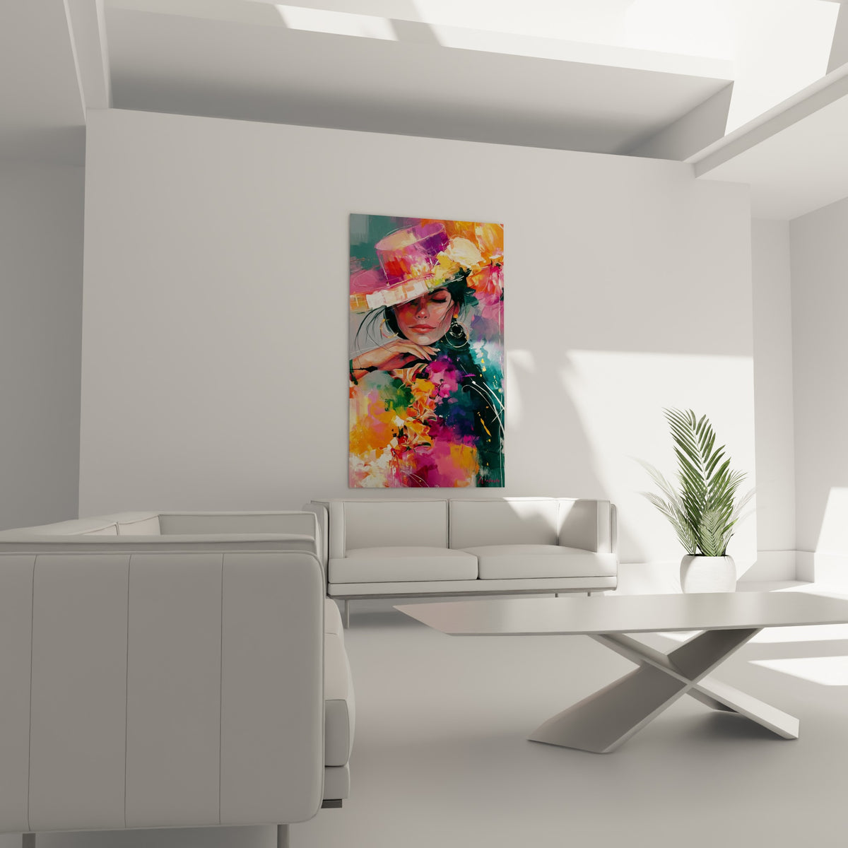 Portrait Visage aux teintes roses et dorées avec guirlande florale, au-dessus d'un canapé dans un salon lumineux