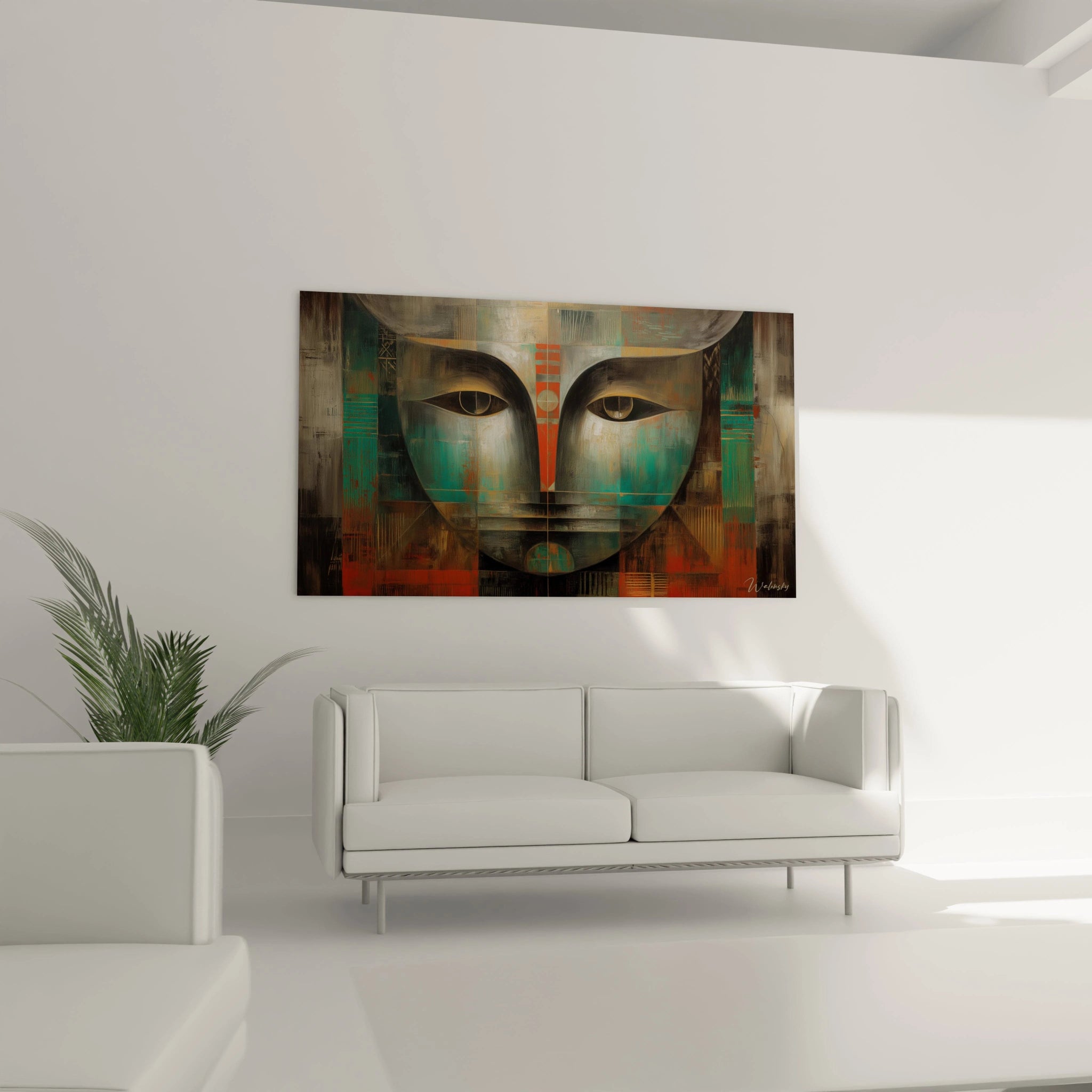 Tableau mural Walensky tableau art tribal visage grand visage stylisé turquoise et brun accroché au dessus d un canapé blanc