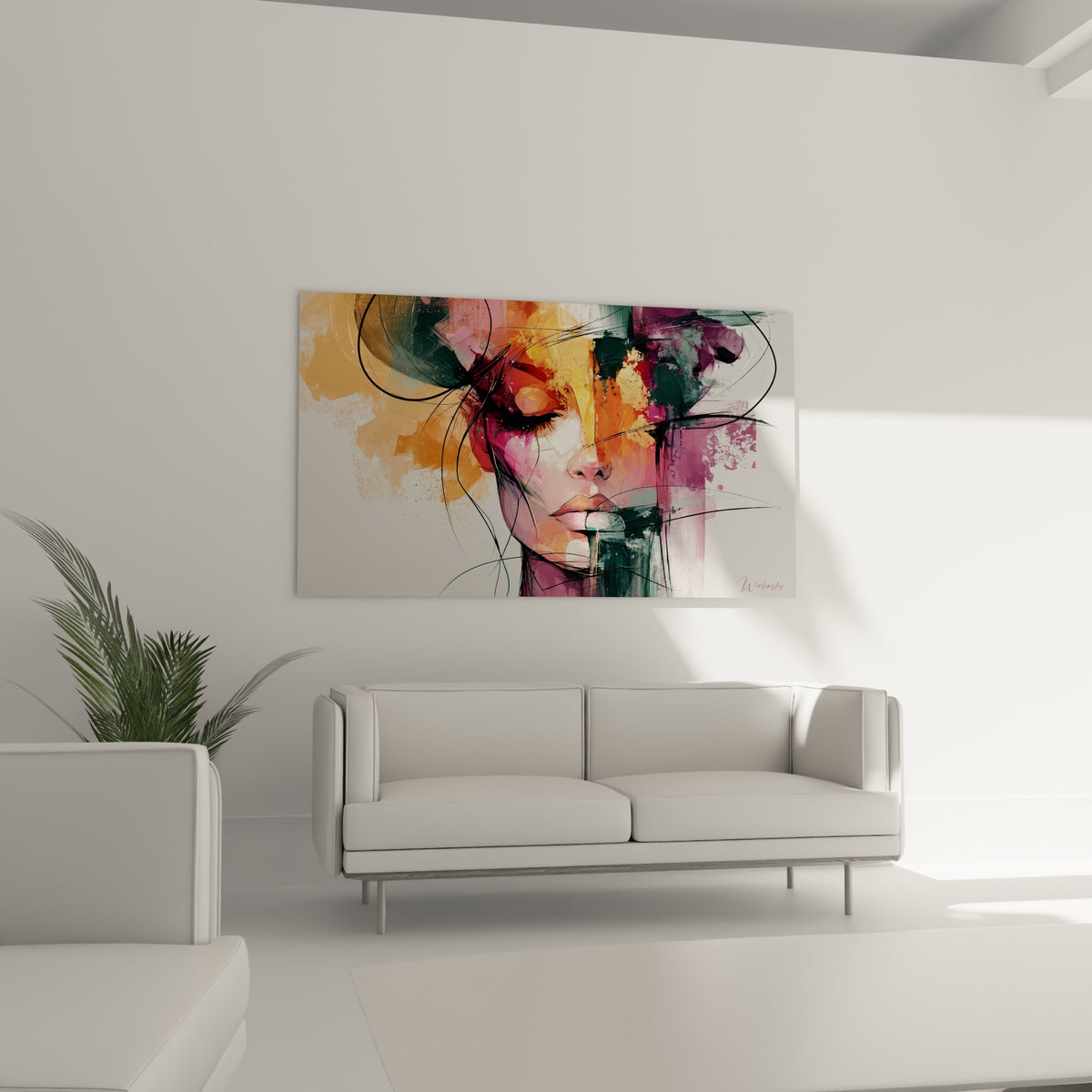 Femme au regard baissé, nuances prune et orange, au-dessus d'un canapé dans un salon lumineux