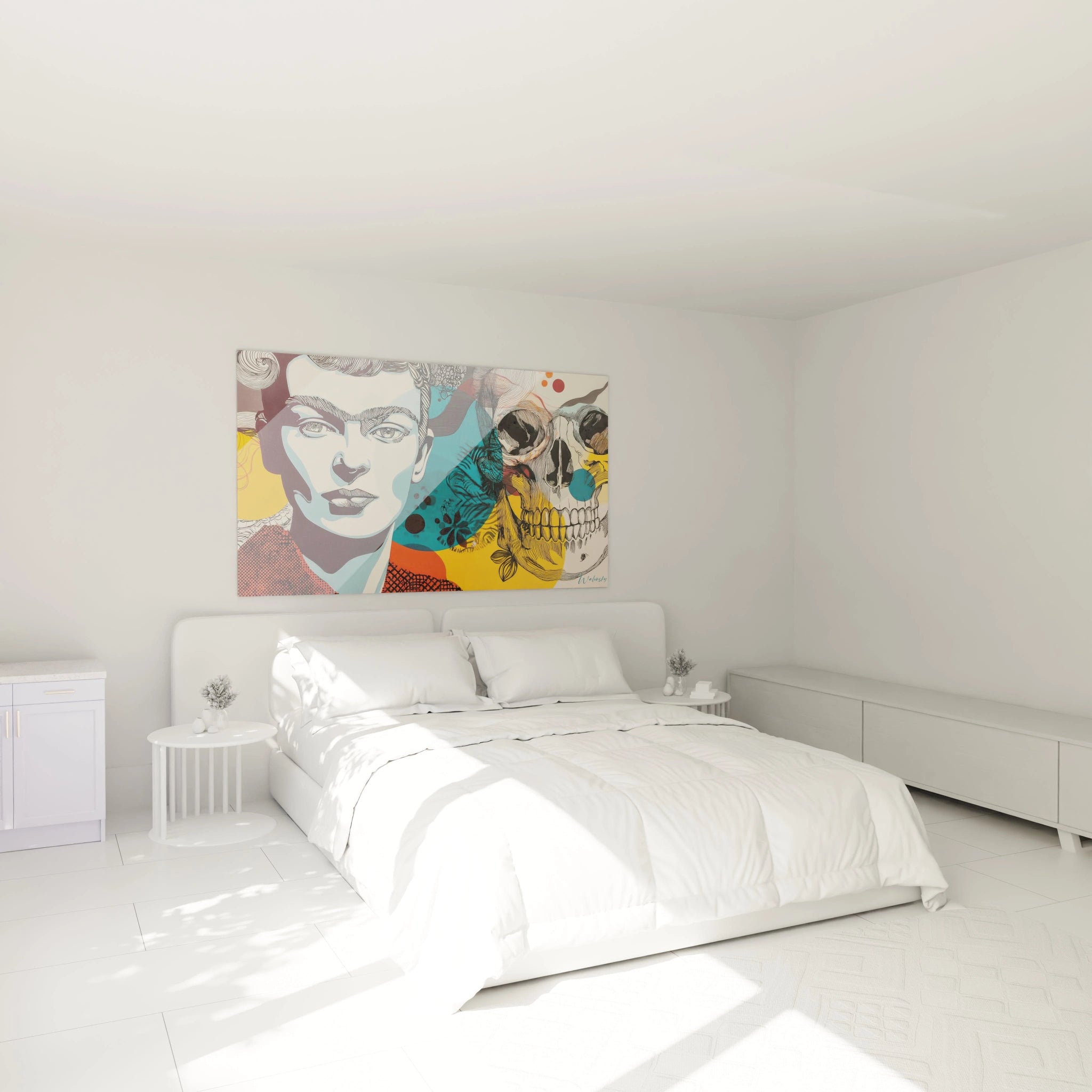 tableau visage art vanité Walensky tableau mural coloré portrait stylisé avec crâne moderne au dessus du lit