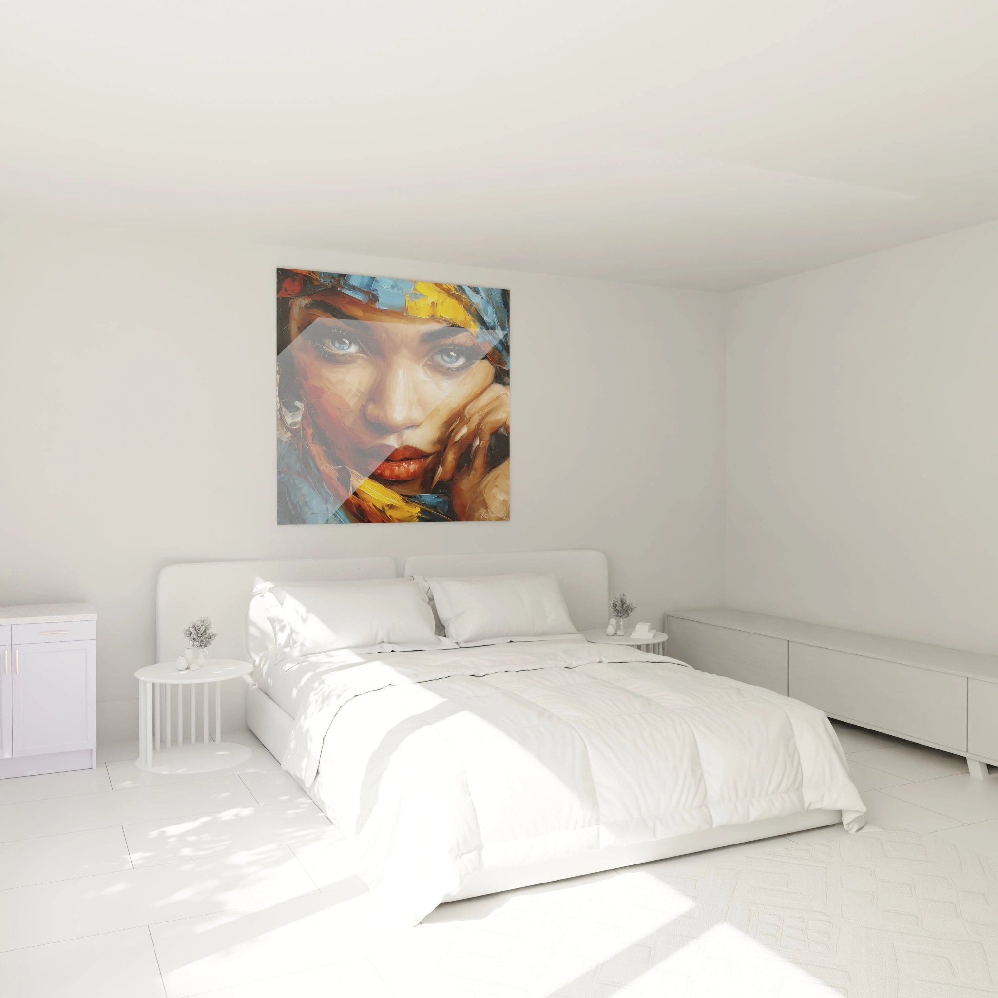 Tableau visage africain contemporain de Walensky, décor mural vibrant pour chambre moderne