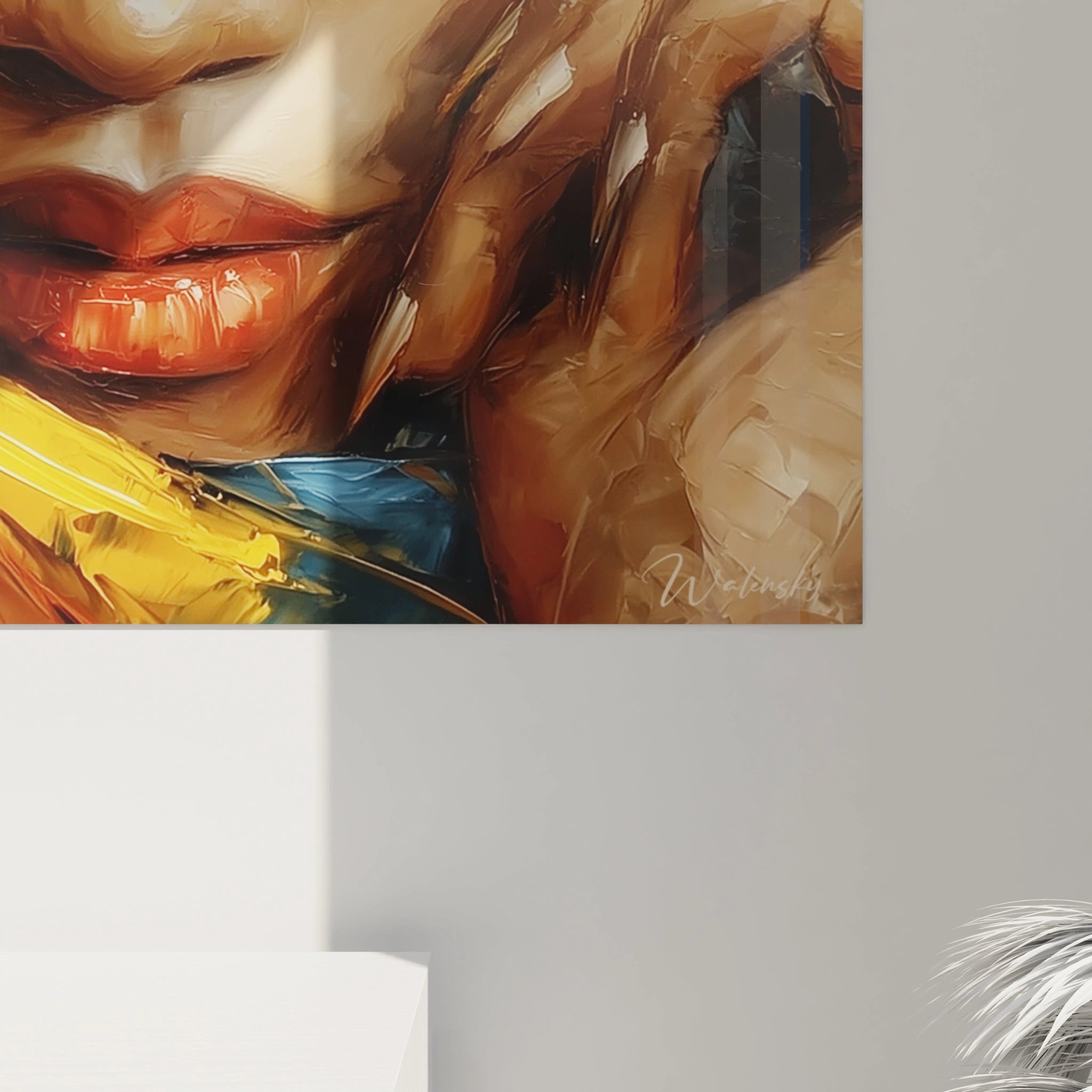 Tableau mural visage africain contemporain, peinture vibrante d'une femme avec des lèvres rouges et des détails artistiques.