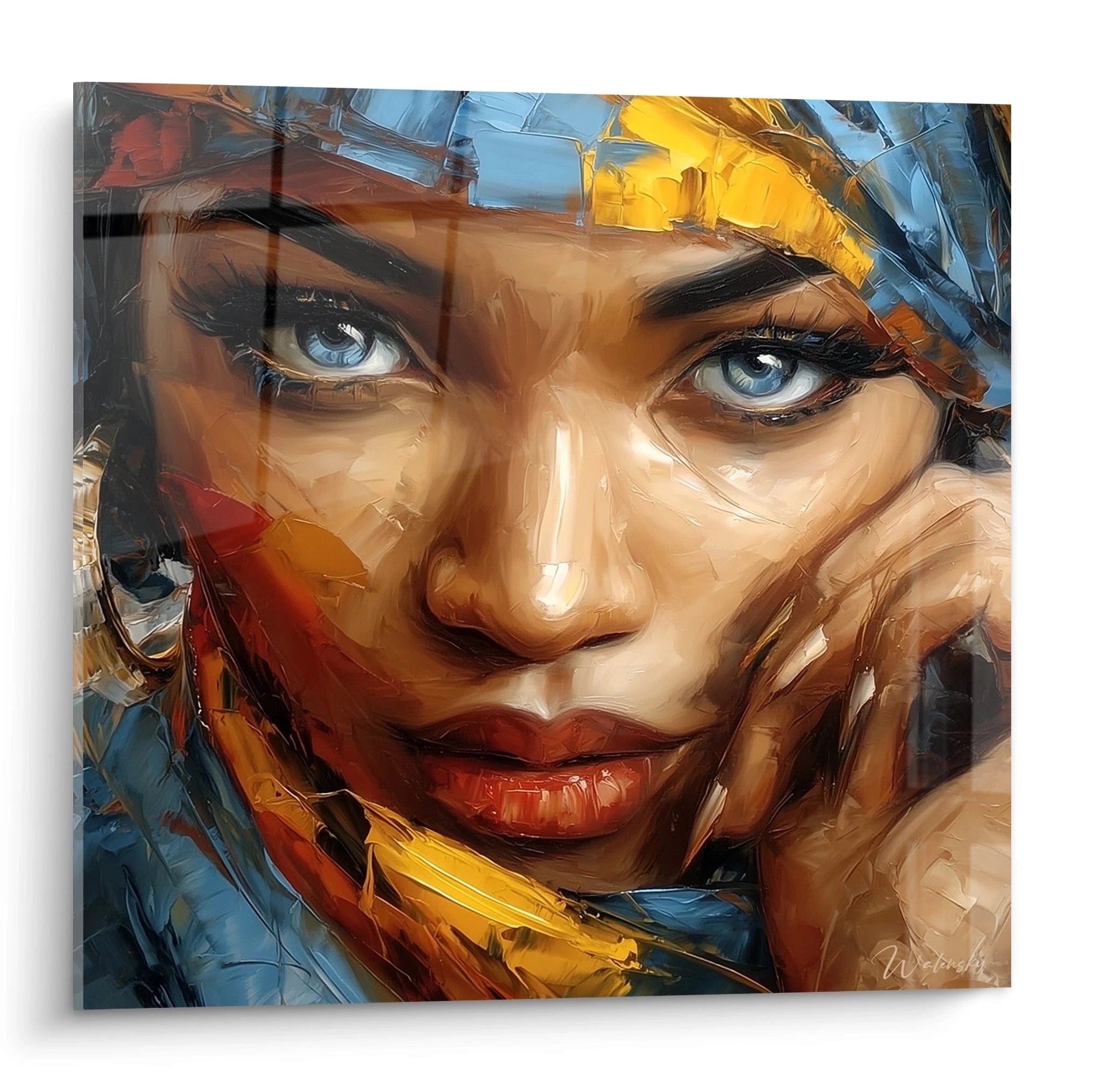 Tableau mural visage africain contemporain avec des couleurs vives et des détails artistiques saisissants