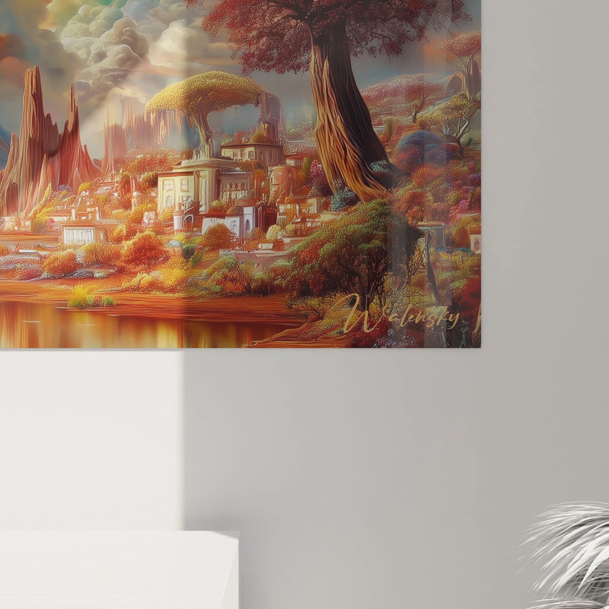 Tableau mural Walensky paysage onirique couleur chaudes village au bord de l eau avec arbres et tableau surréaliste visage