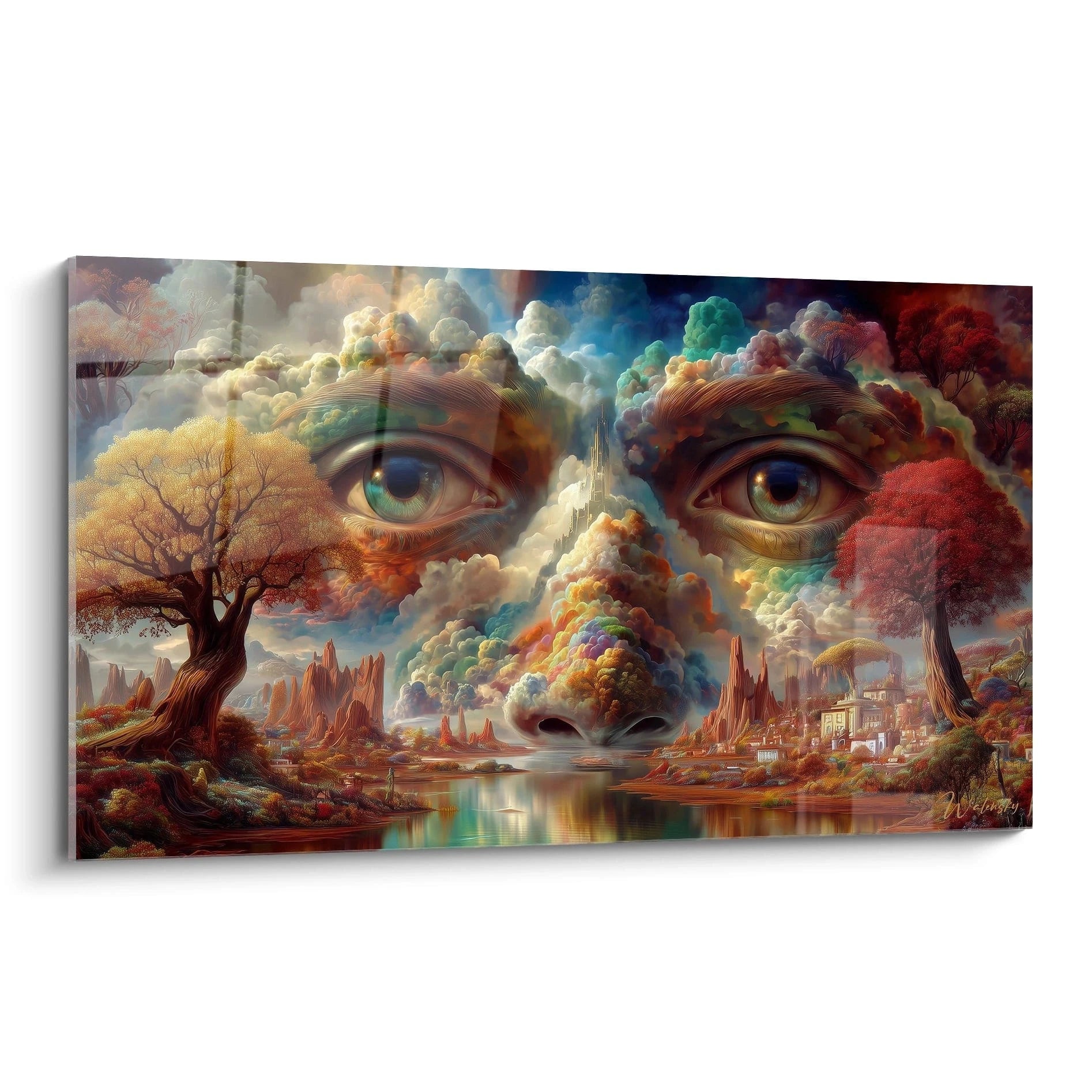 Walensky tableau surréaliste visage panoramique couleurs vives visage de nuages yeux et paysage onirique reflété sur l eau