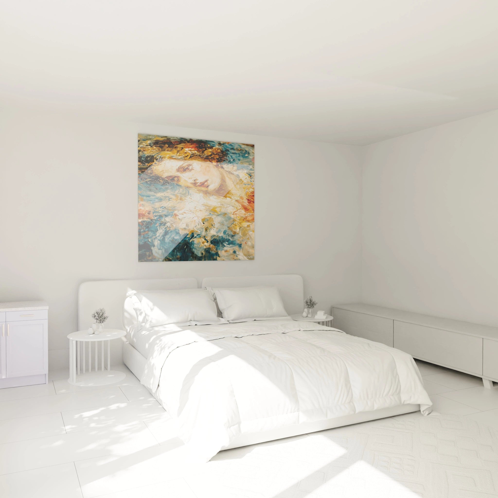 Tableau Walensky portrait femme ocre accroché au dessus d un lit minimaliste tableau visage féminin ocre