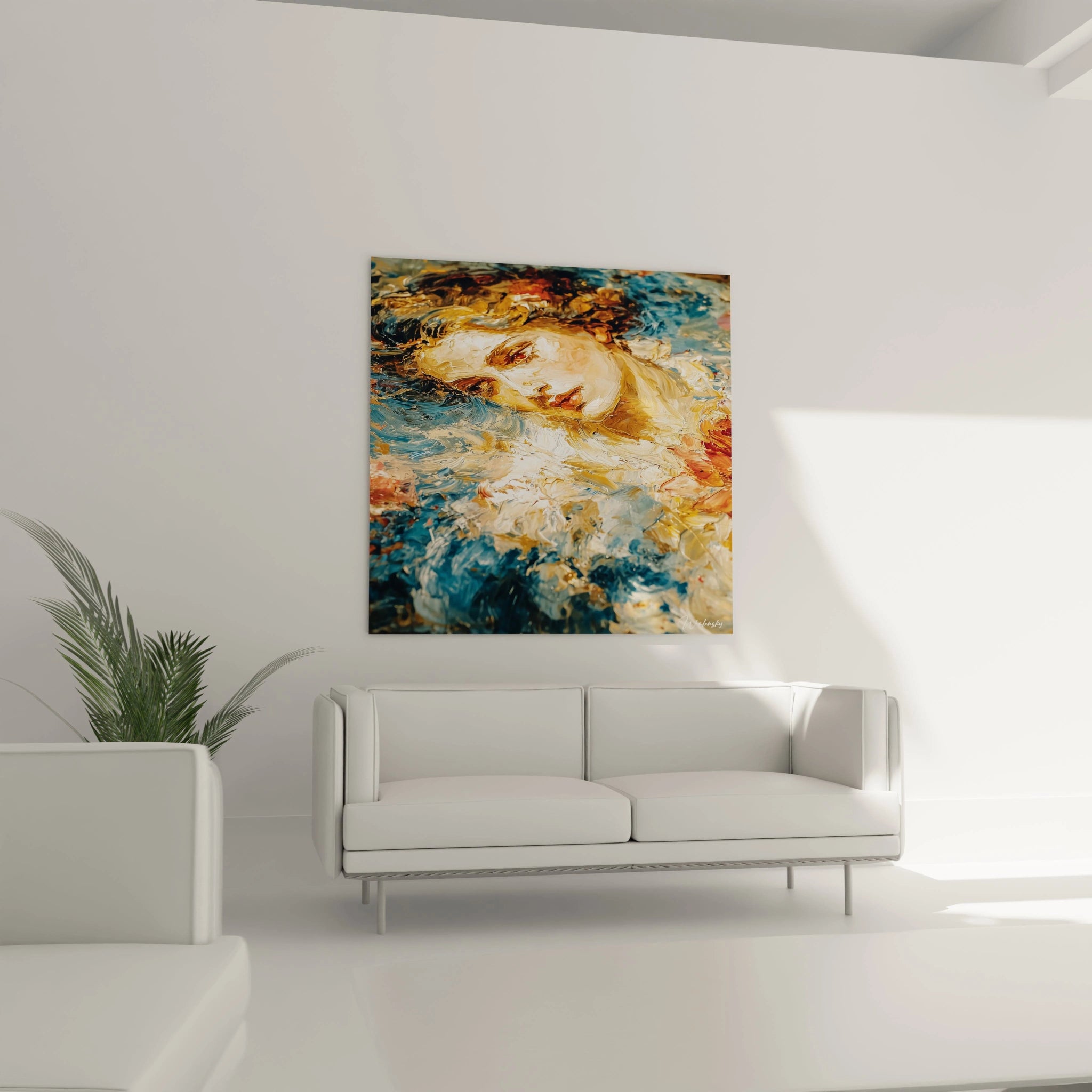 Walensky tableau visage féminin ocre mural abstrait peinture texturée de femme encadrée salon