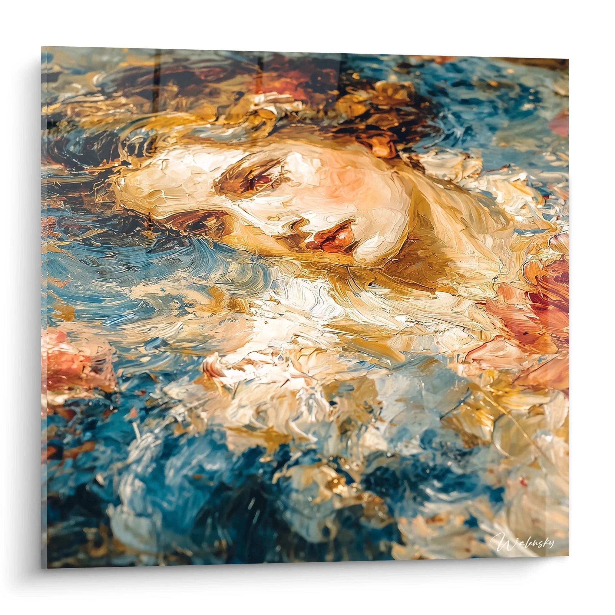 tableau visage féminin ocre peinture à lhuile expressive de femme aux tons ocres et bleus par Walensky