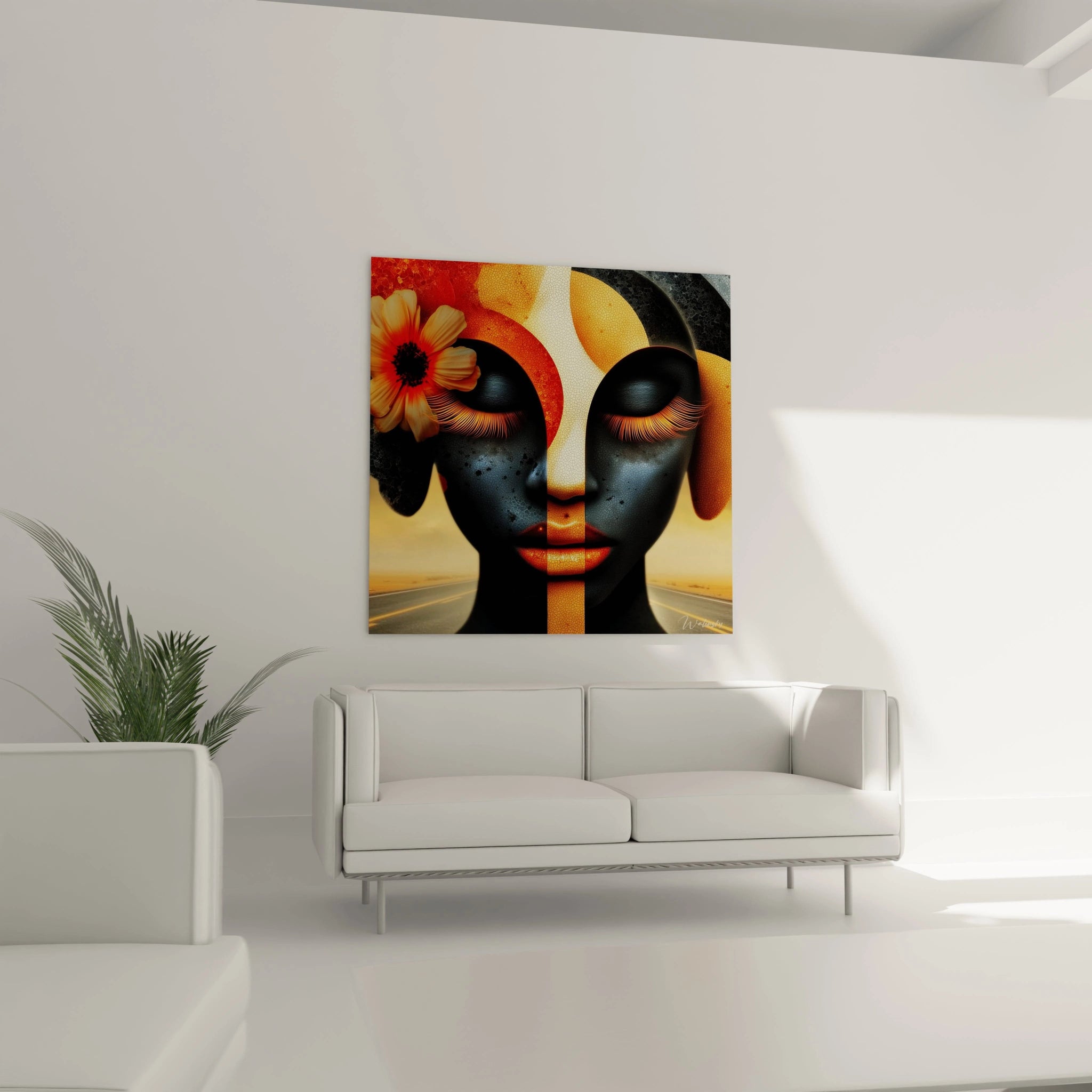 Tableau mural masque africain coloré mettant en valeur des visages stylisés et des fleurs décoratives