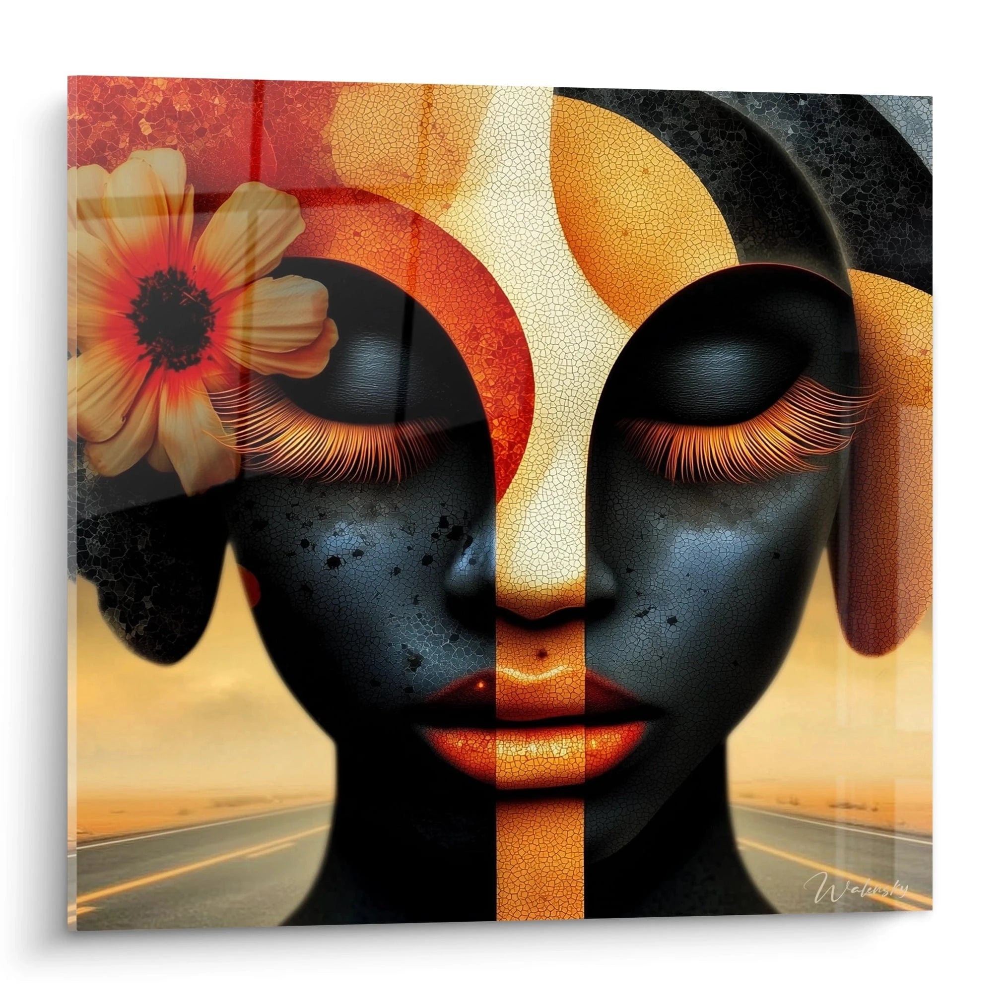 Tableau masque africain de Walensky avec des couleurs vives et des détails artistiques captivants