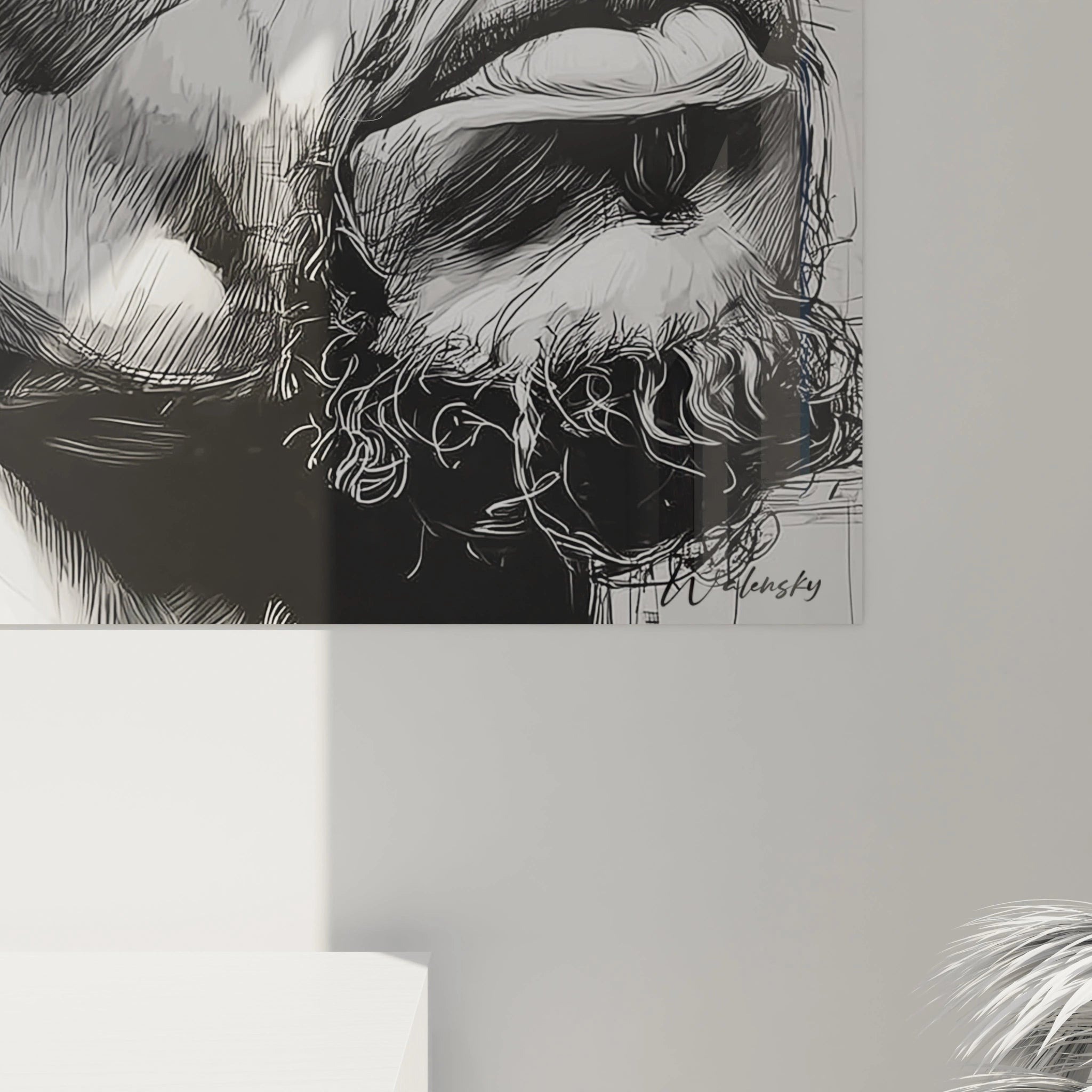 Tableau mural visage africain dessiné par Walensky sur fond noir et blanc