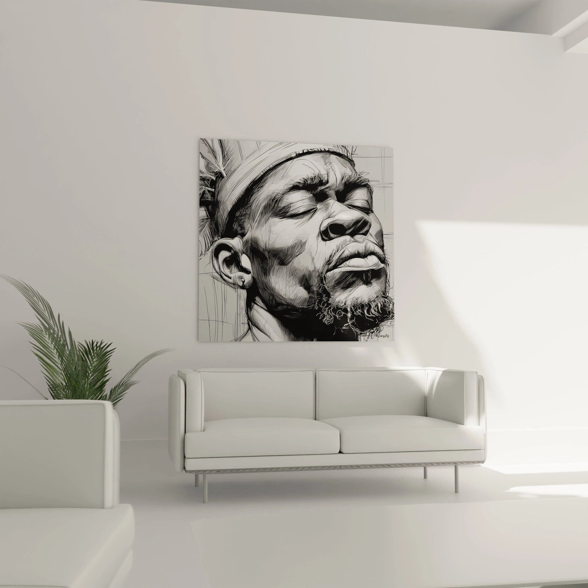 Tableau visage africain en noir et blanc, représentant un homme pensif sur un mur moderne.