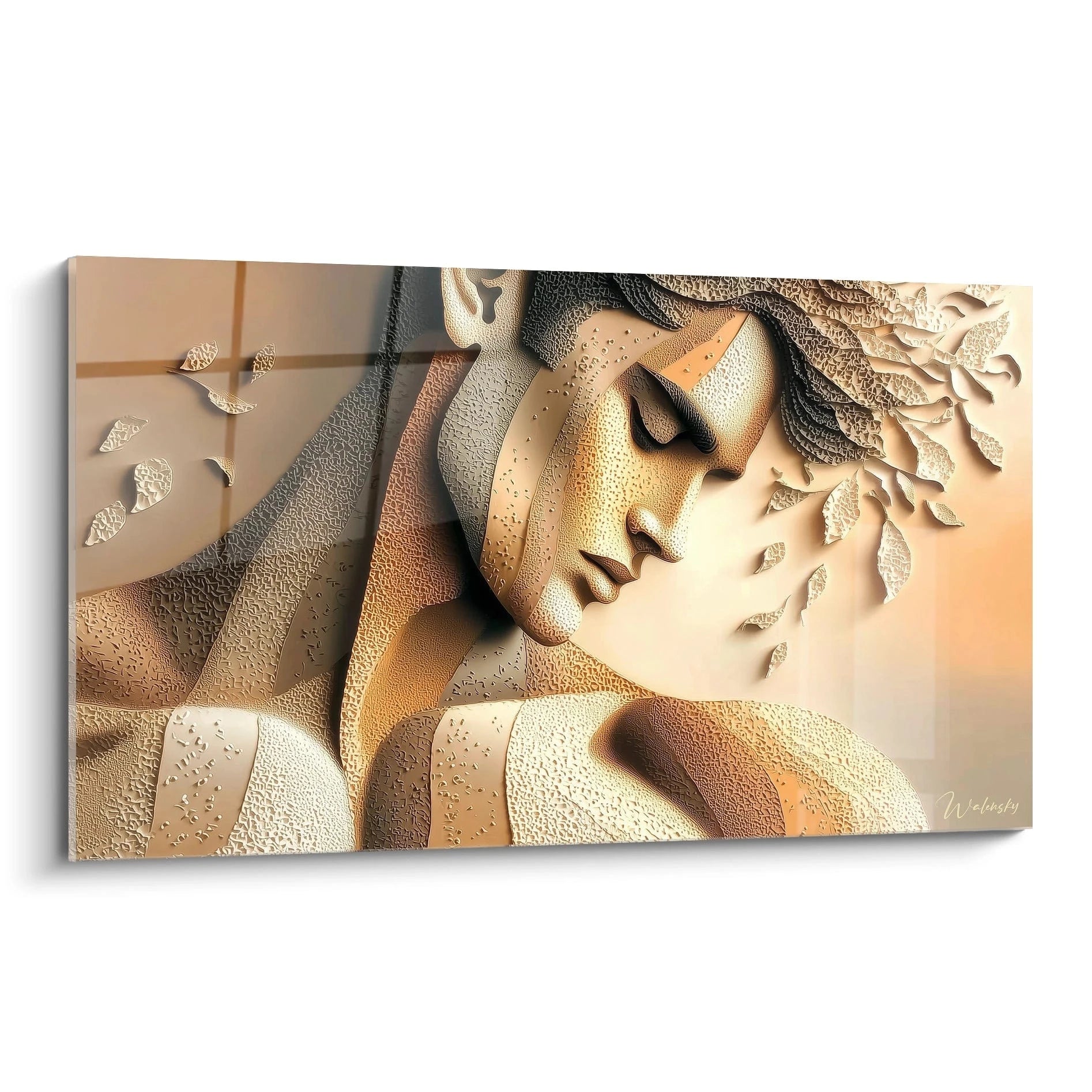 Tableau mural visage sculpté homme de Walensky avec des détails fins et des éléments naturels.