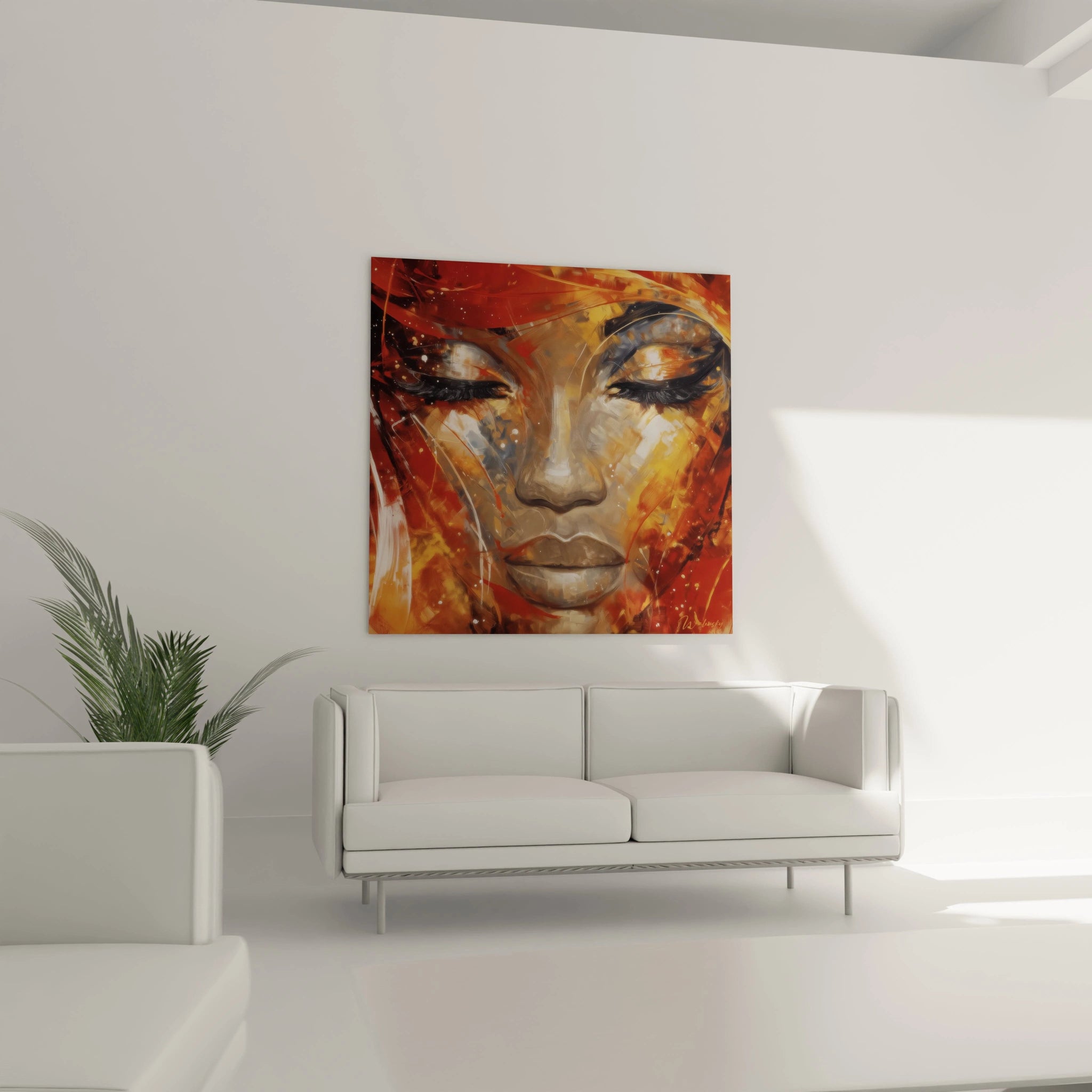 Tableau visage africain vibrant avec des couleurs chaudes dans un salon moderne