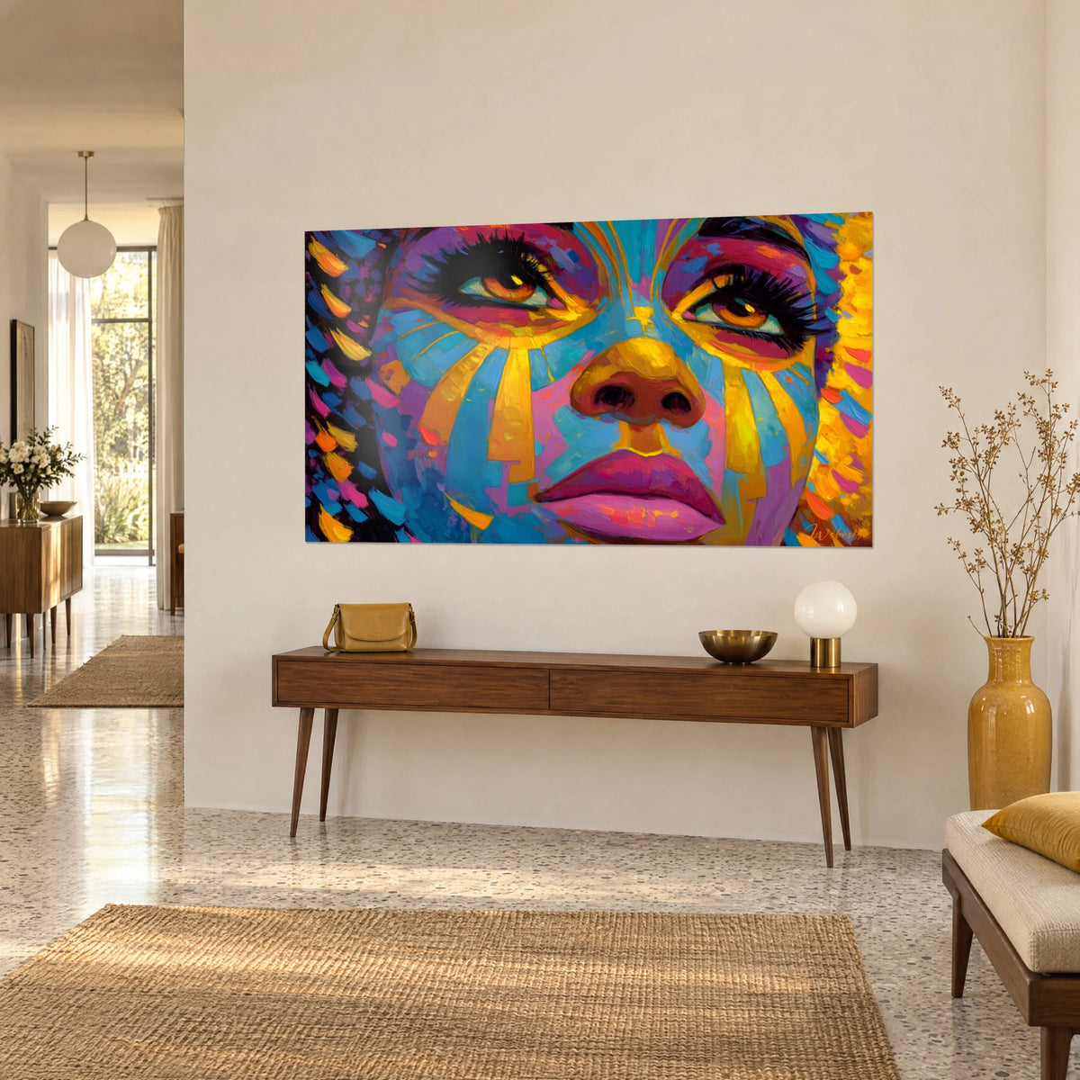 Gemälde eines afrikanischen Gesichts mit leuchtend orangefarben und türkis gestreiften Wangenknochen, bernsteinfarbener Blick, an einer cremefarbenen Wand über einer Konsole