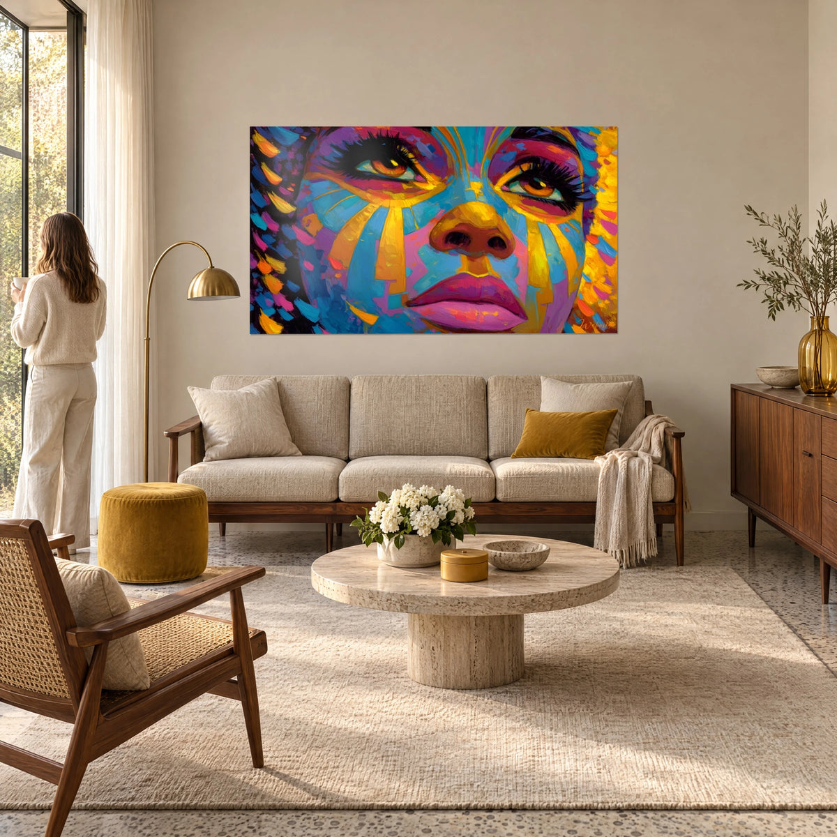 Gemälde eines Sonnenporträts mit goldenen Strahlen auf blauer und violetter Haut, rosa Lippen, über einem Sofa in einem hellen Wohnzimmer