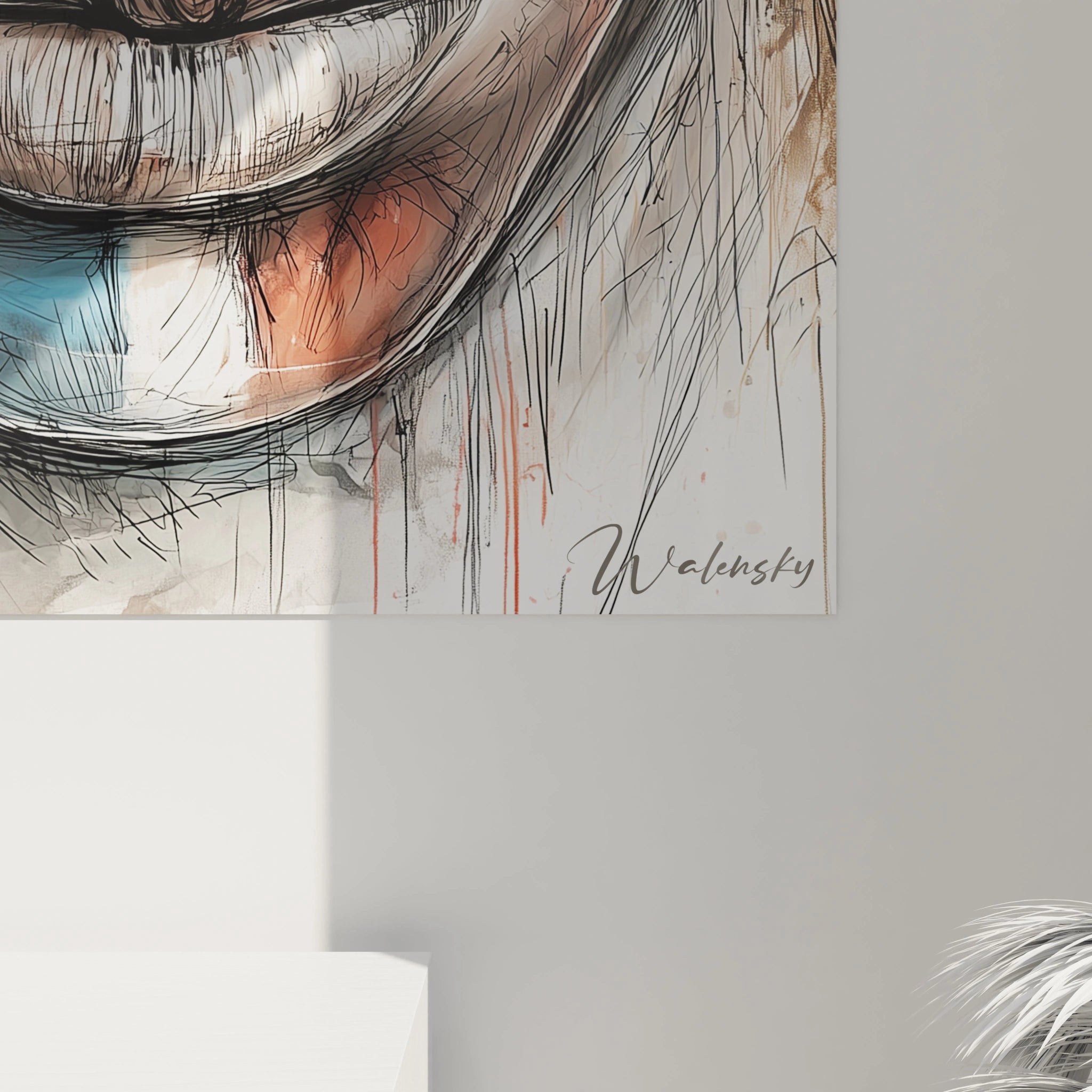 Tableau visage africain moderne de Walensky, illustration artistique sur un mur avec des couleurs vibrantes