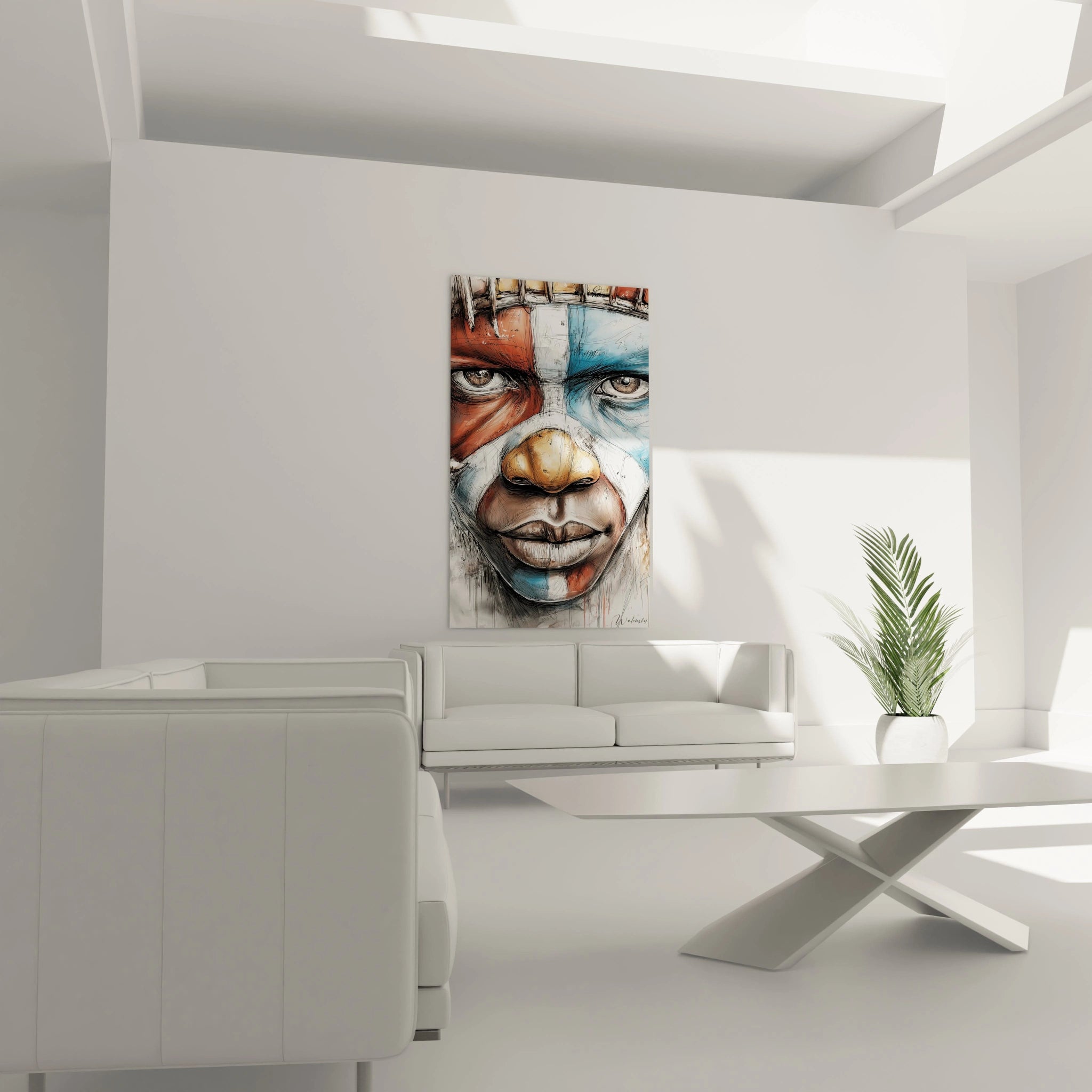 Tableau mural visage africain moderne de Walensky représentant un visage coloré et expressif dans un intérieur contemporain