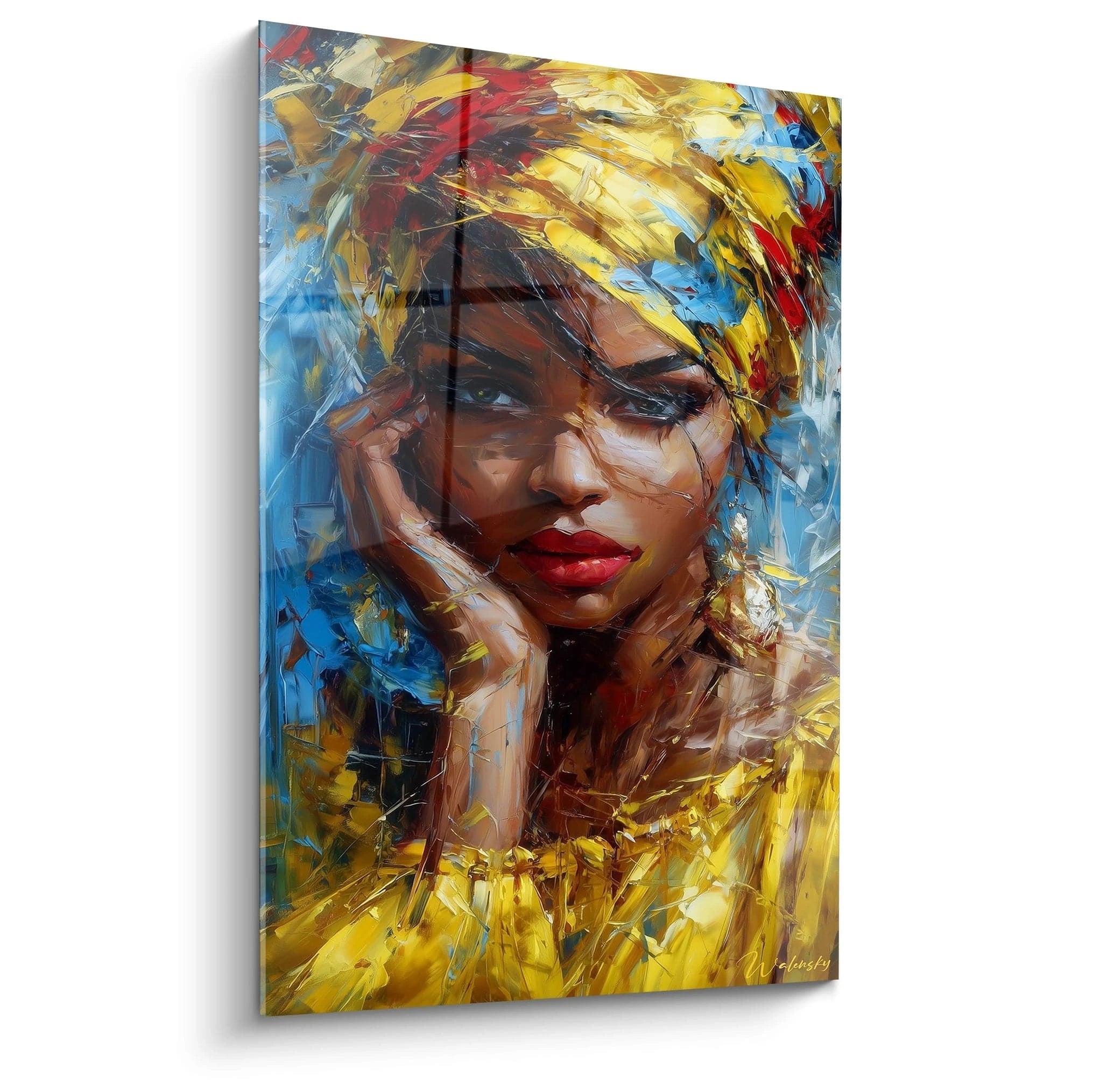 Tableau visage africain moderne avec une femme portant un foulard jaune et un regard captivant