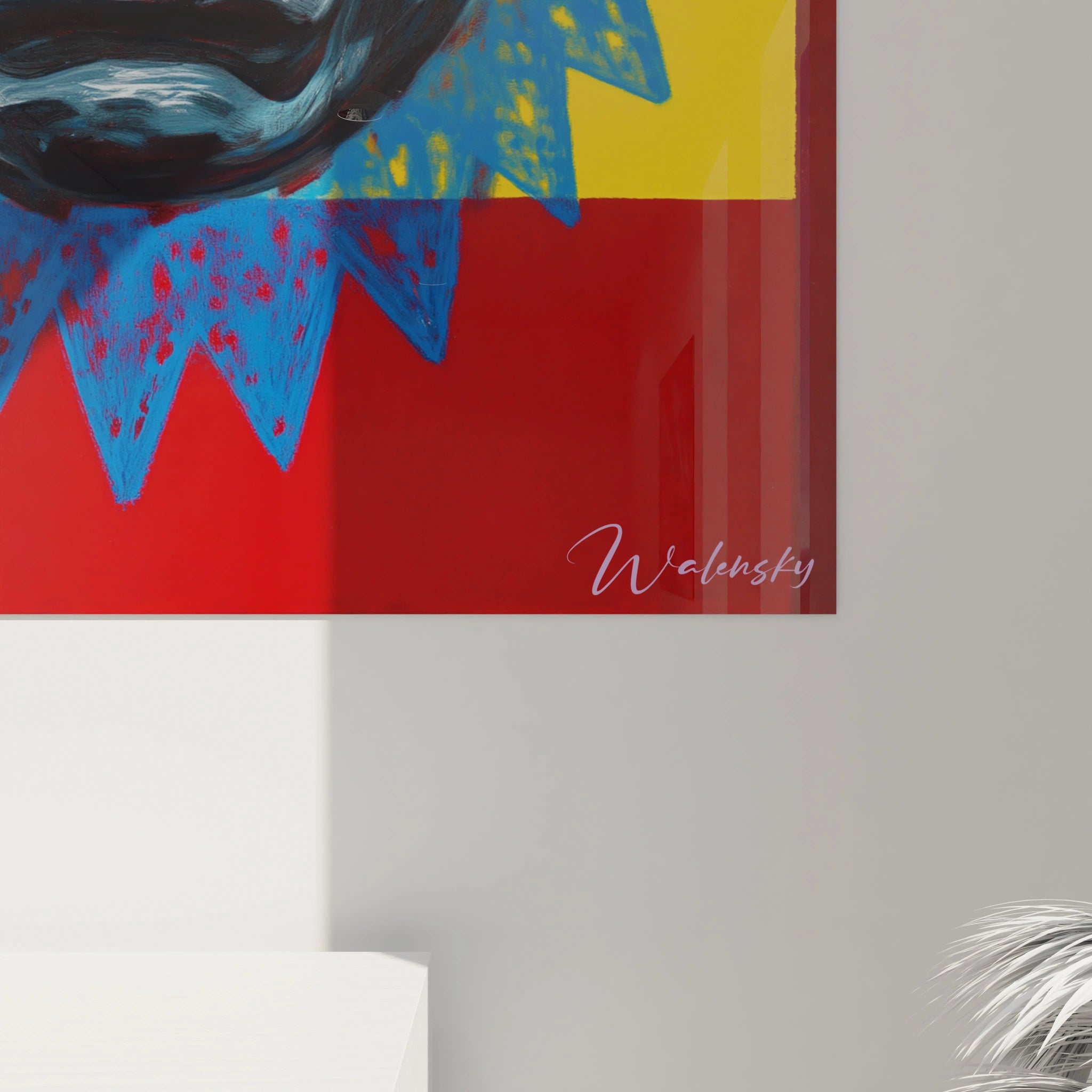 Tableau mural Walensky couleur rouge bleu et jaune avec signature tableau visage contemporain accroché au mur moderne