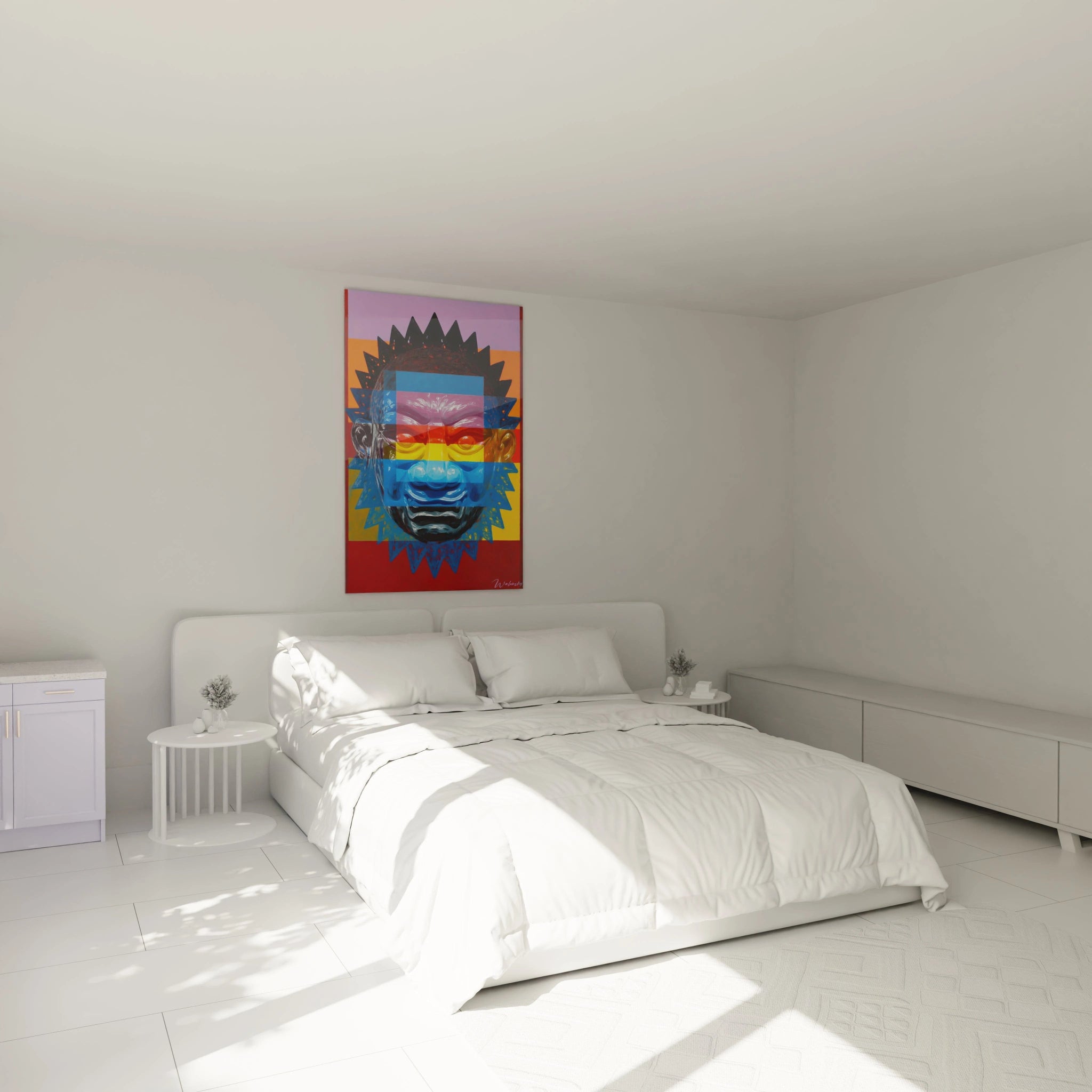 Walensky tableau visage contemporain coloré au dessus du lit blanc minimaliste dans une chambre moderne et lumineuse