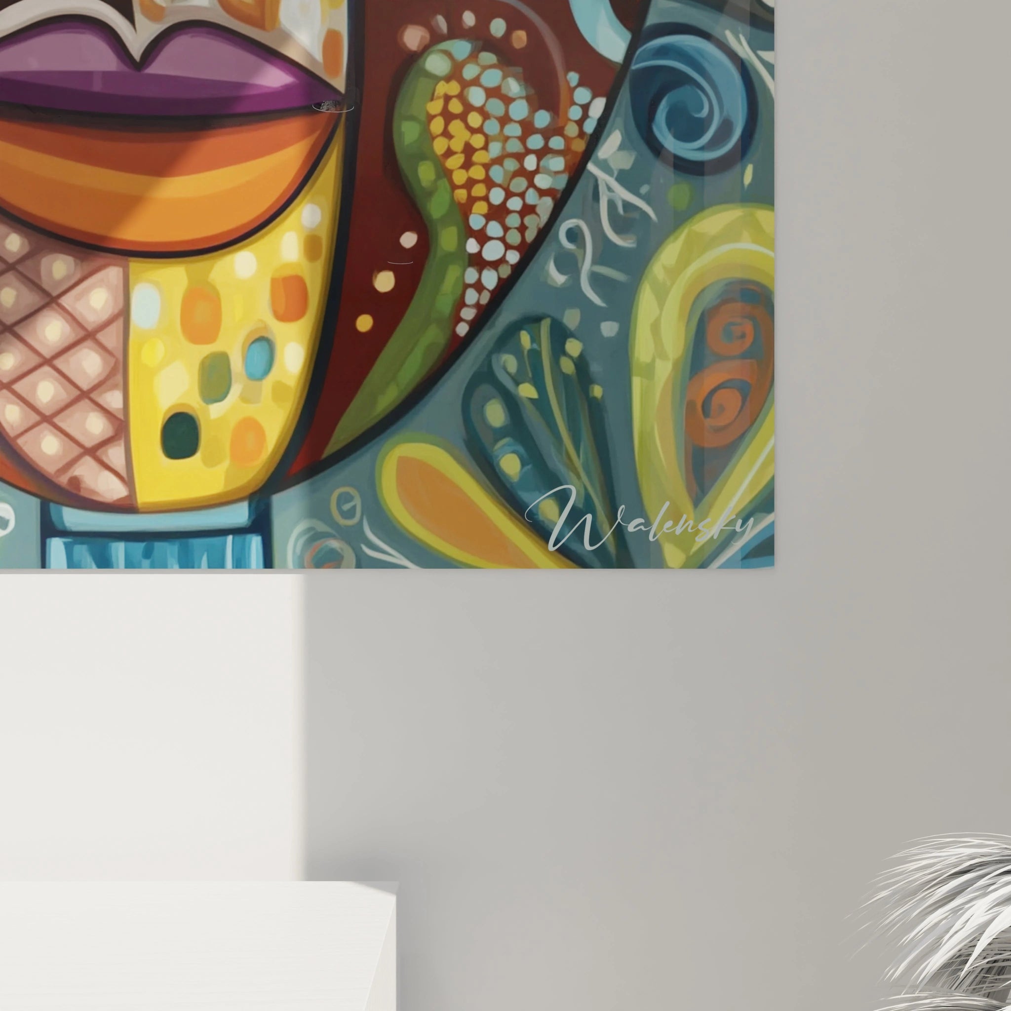 Tableau mural visage stylisé par Walensky avec des couleurs vives et motifs abstraits