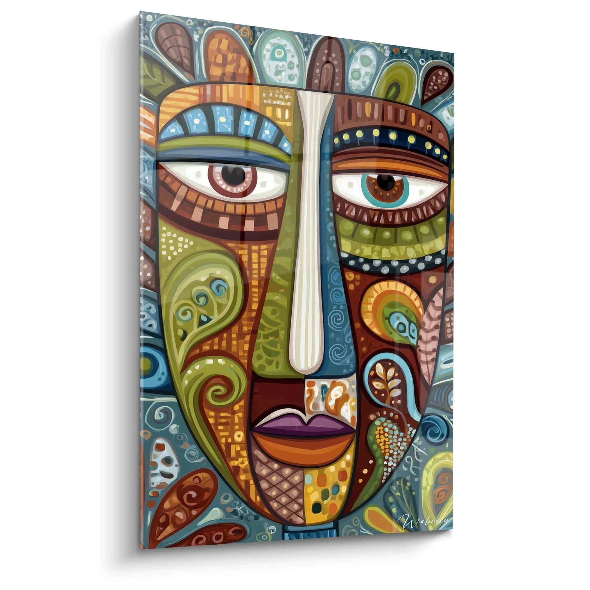 Tableau mural visage stylisé de Walensky avec des motifs colorés et expressifs