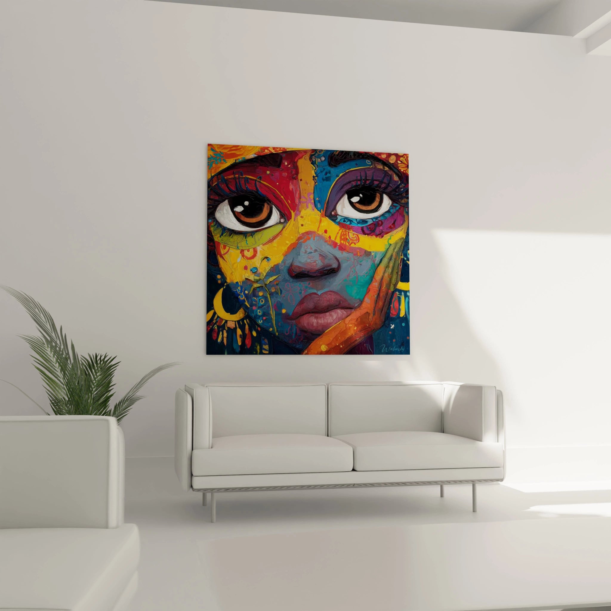 Tableau visage africain moderne avec des couleurs vives accroché au mur au-dessus d'un canapé