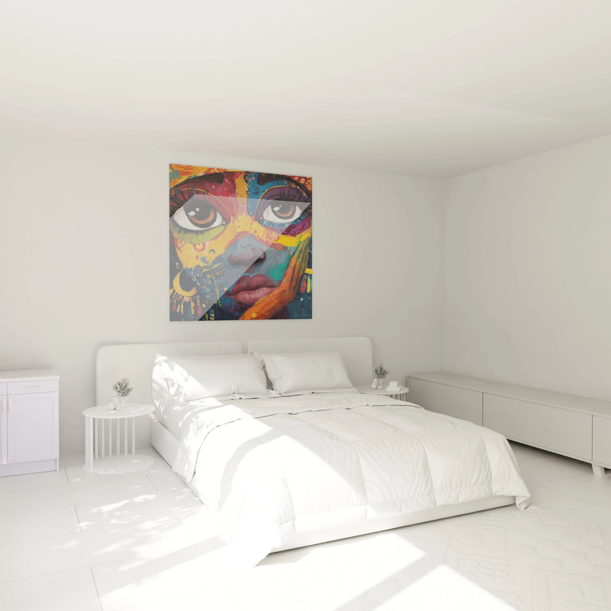 Tableau visage africain moderne accroché dans une chambre lumineuse avec un lit blanc et des murs clairs