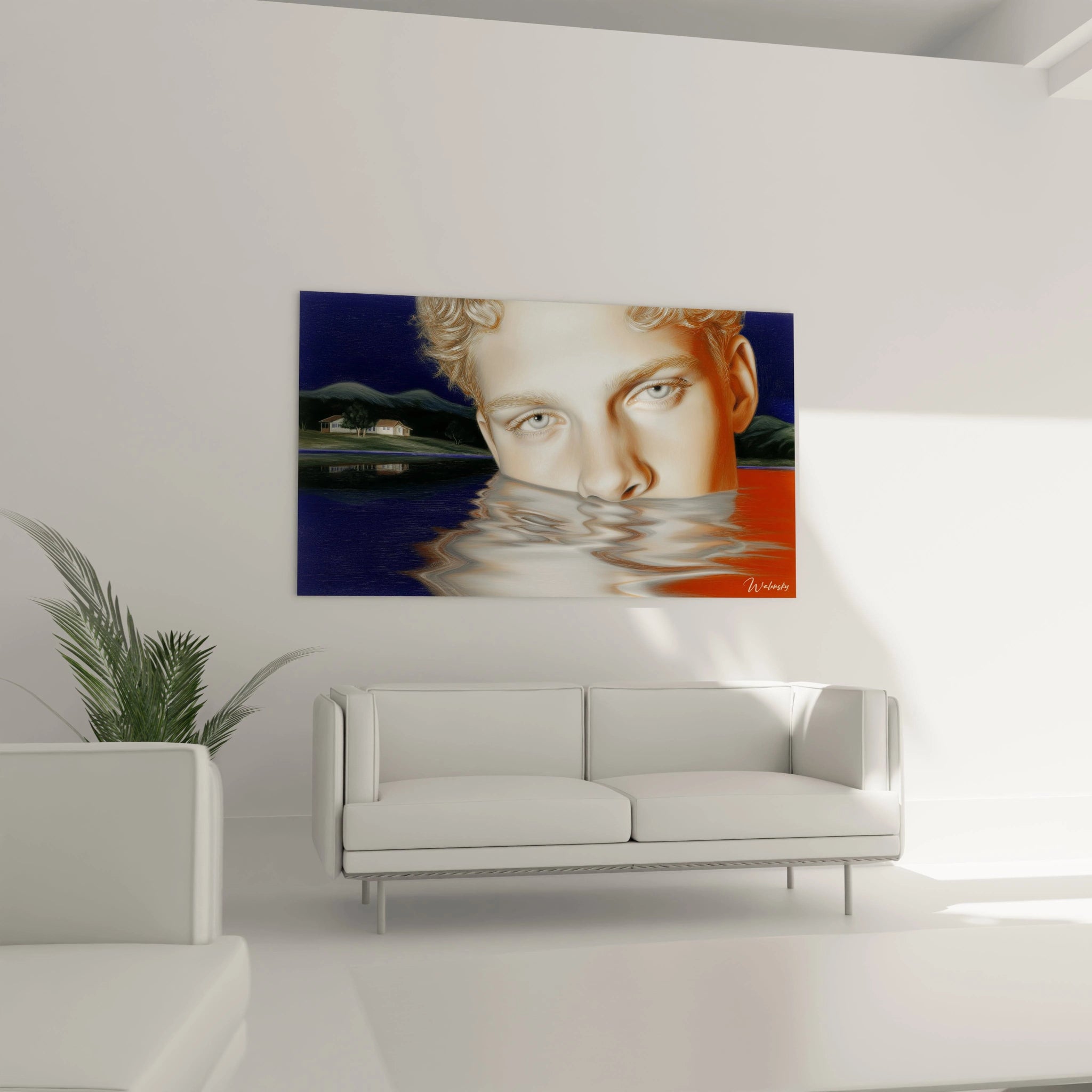 tableau hyperréalisme visage Walensky portrait masculin mi immergé dans l eau reflet lacustre accroché au salon