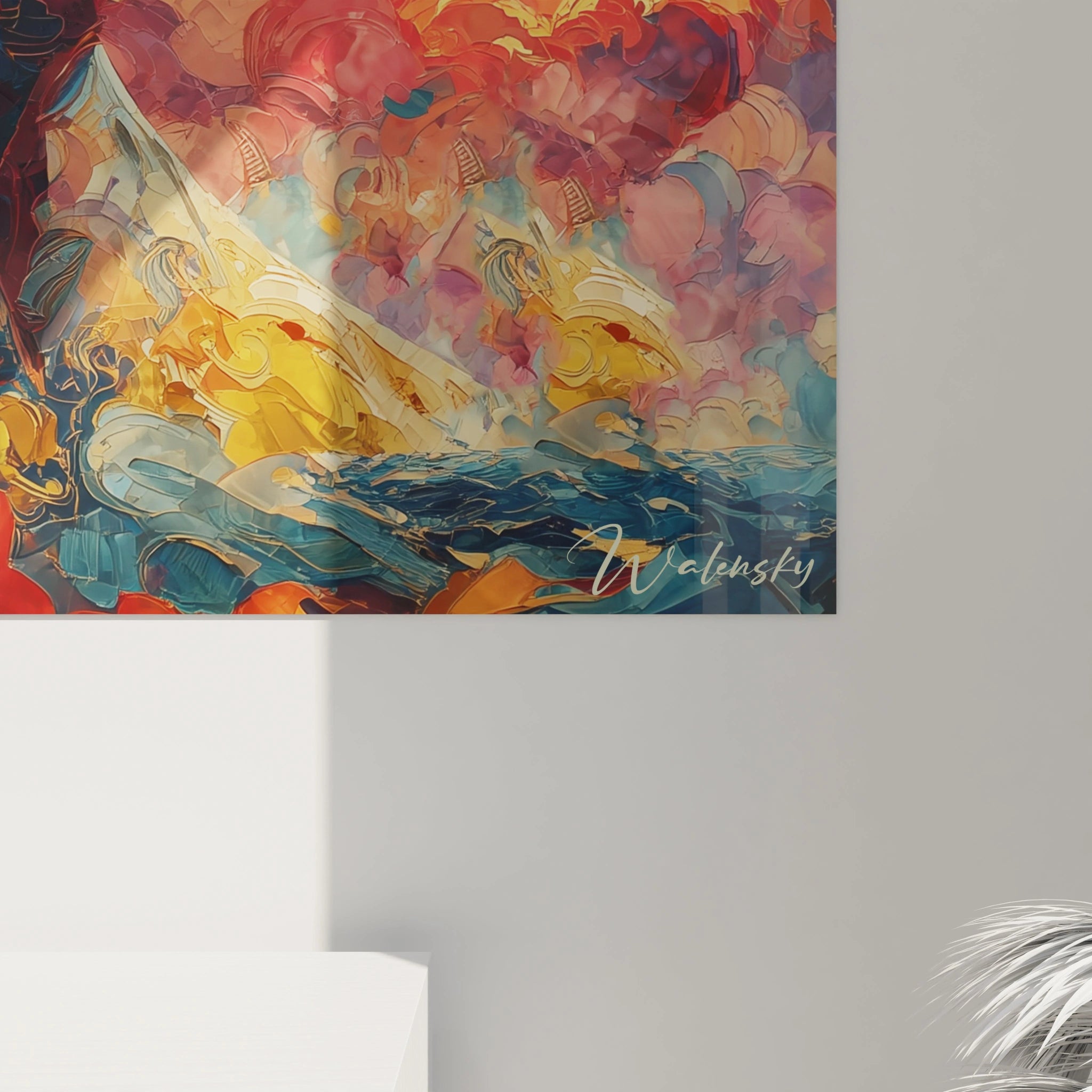 Tableau mural Walensky abstrait représentant voilier mer et visages colorés tableau visage émotionnel Christophe Colomb