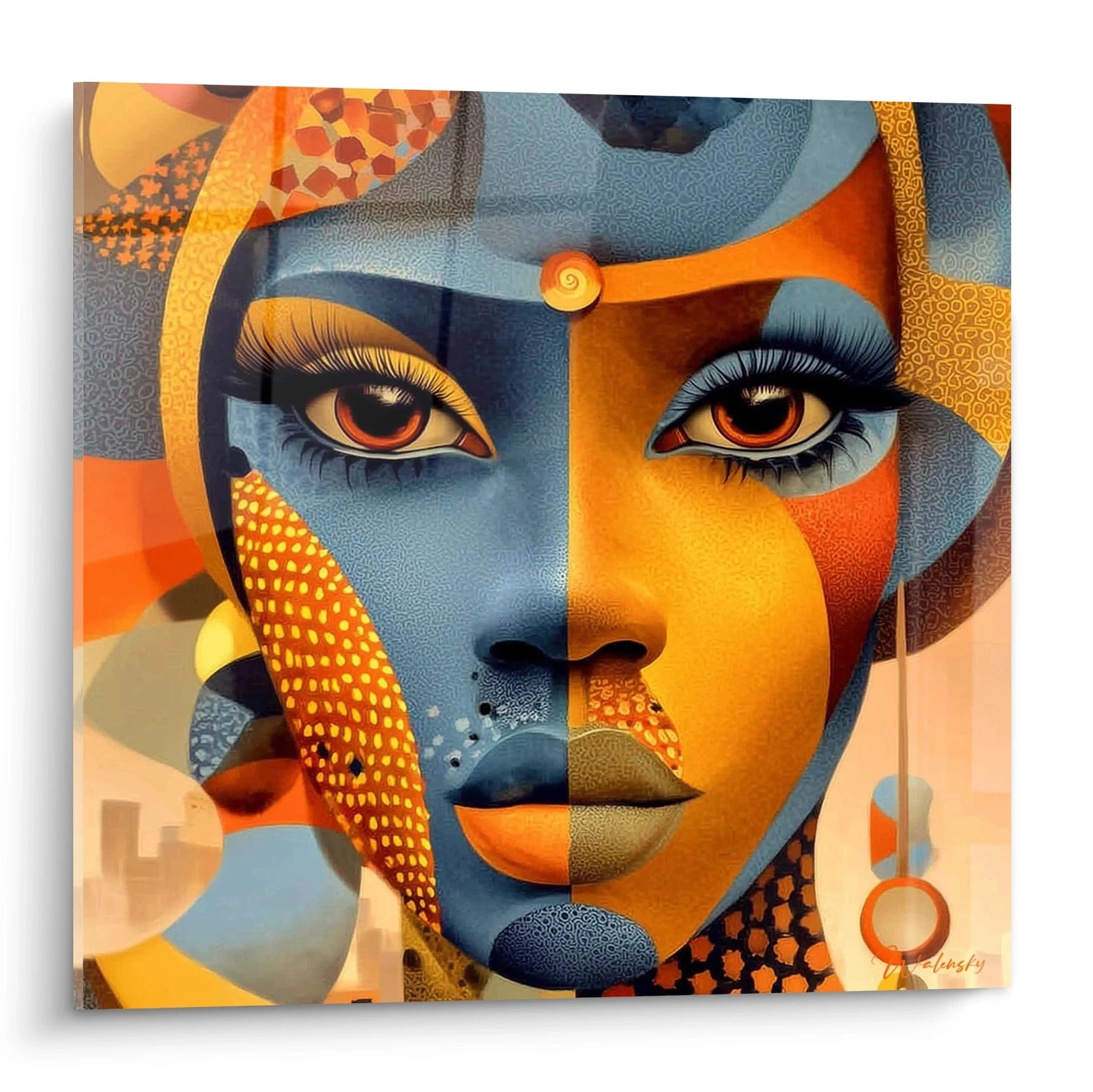 Tableau mural visage africain ocre et azur avec des motifs colorés et des yeux captivants