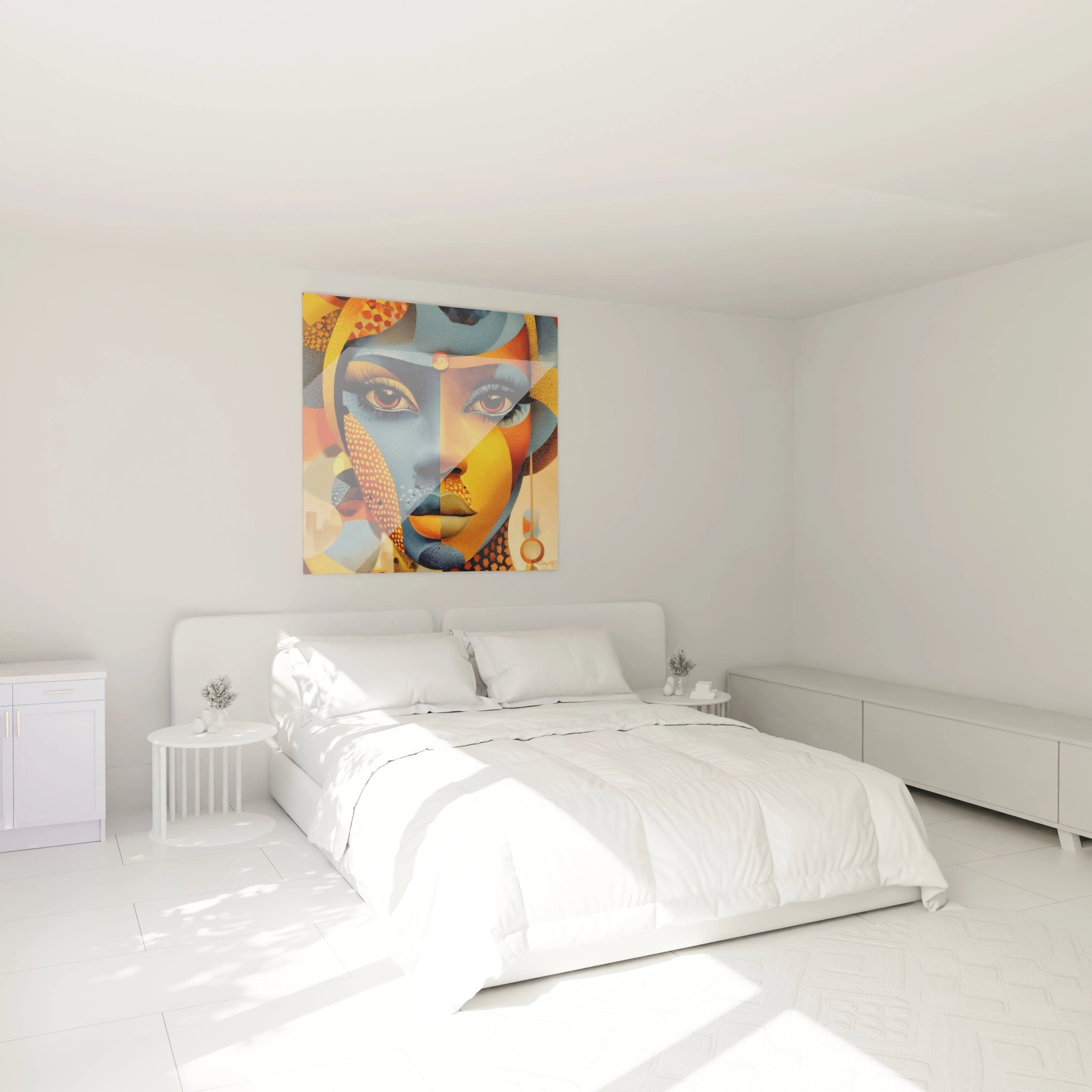 Tableau mural visage africain ocre et azur de Walensky dans une chambre moderne lumineuse